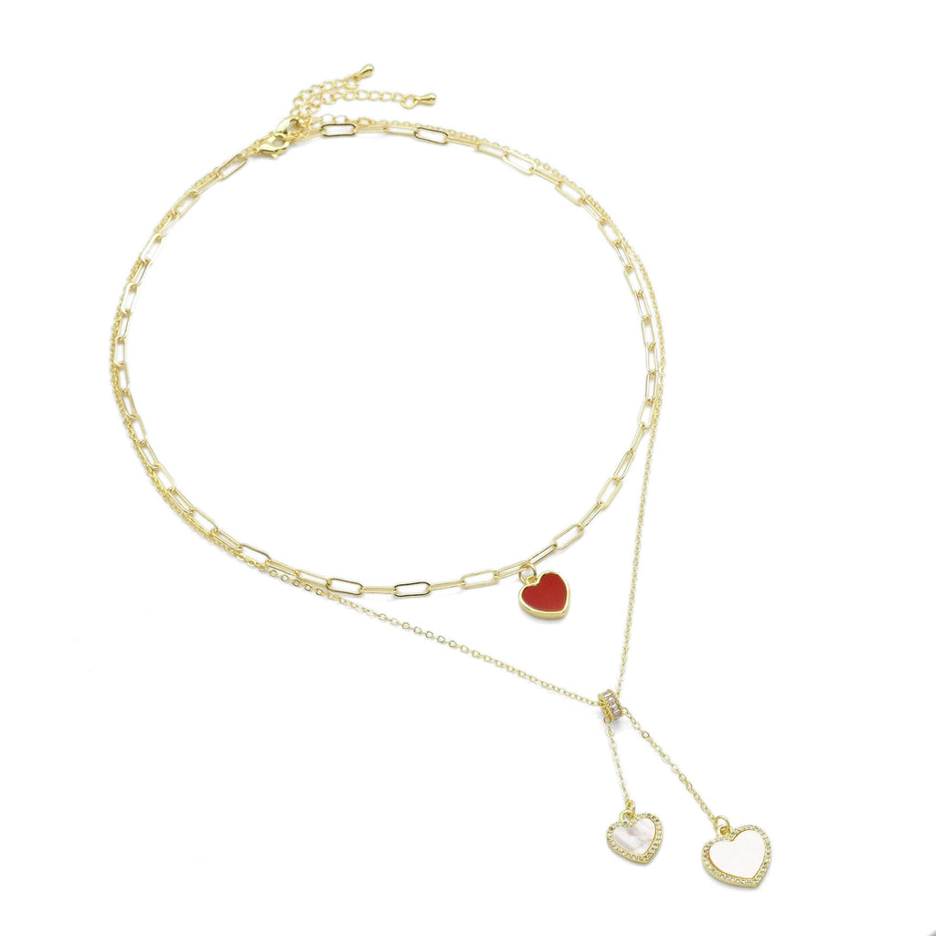 Gold Chain Red Heart White Mop Heart Pendant Necklace, Sku#E