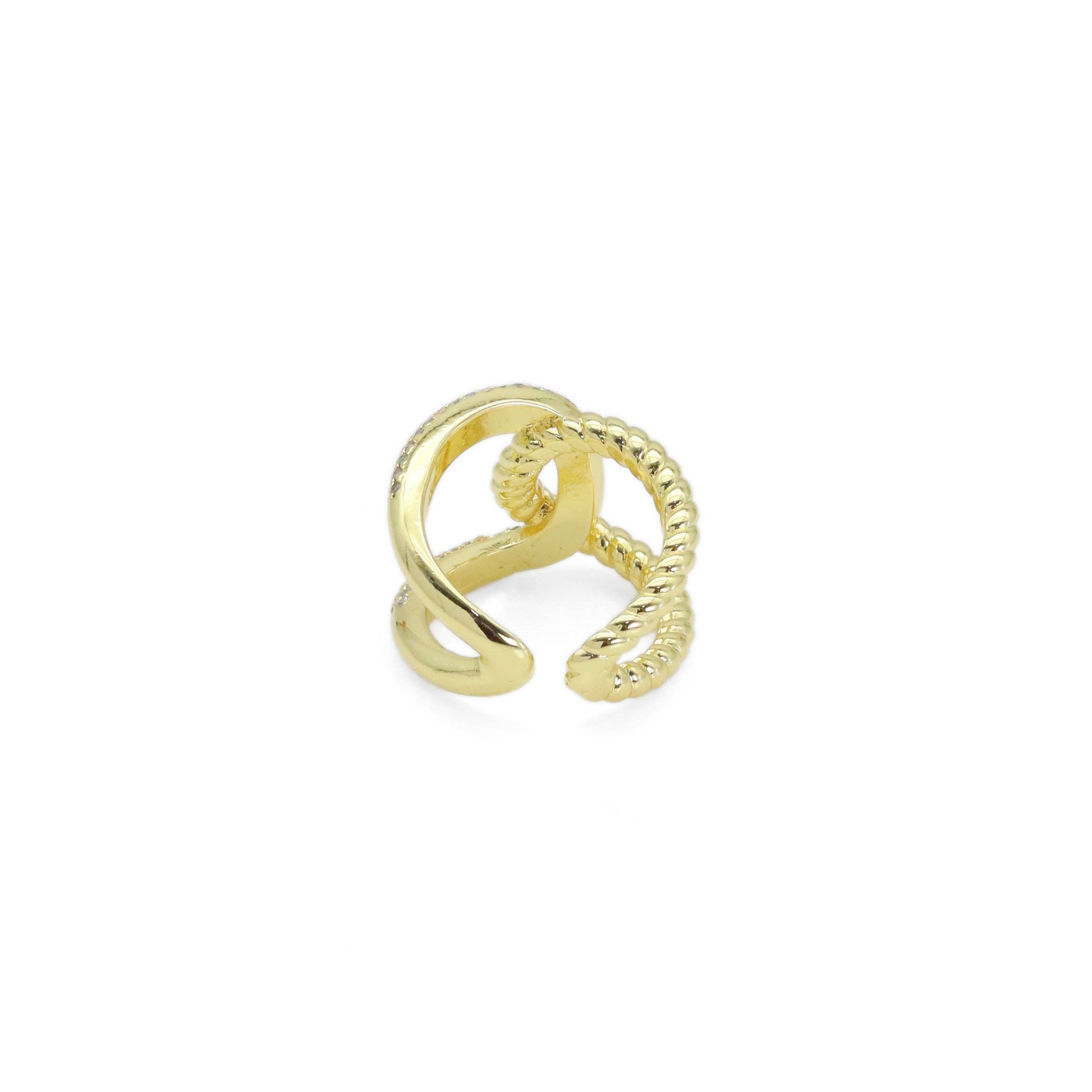 CZ Gold Oval Cross LInk Adjustable Ring, Sku#LD536