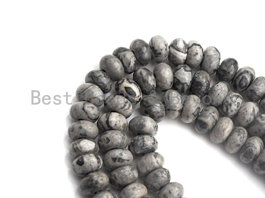 2mm Large Hole Natural Map Jasper Beads, Rondelle Smooth 6x10mm/5x8mm, 8" Long Strands, sku#U702