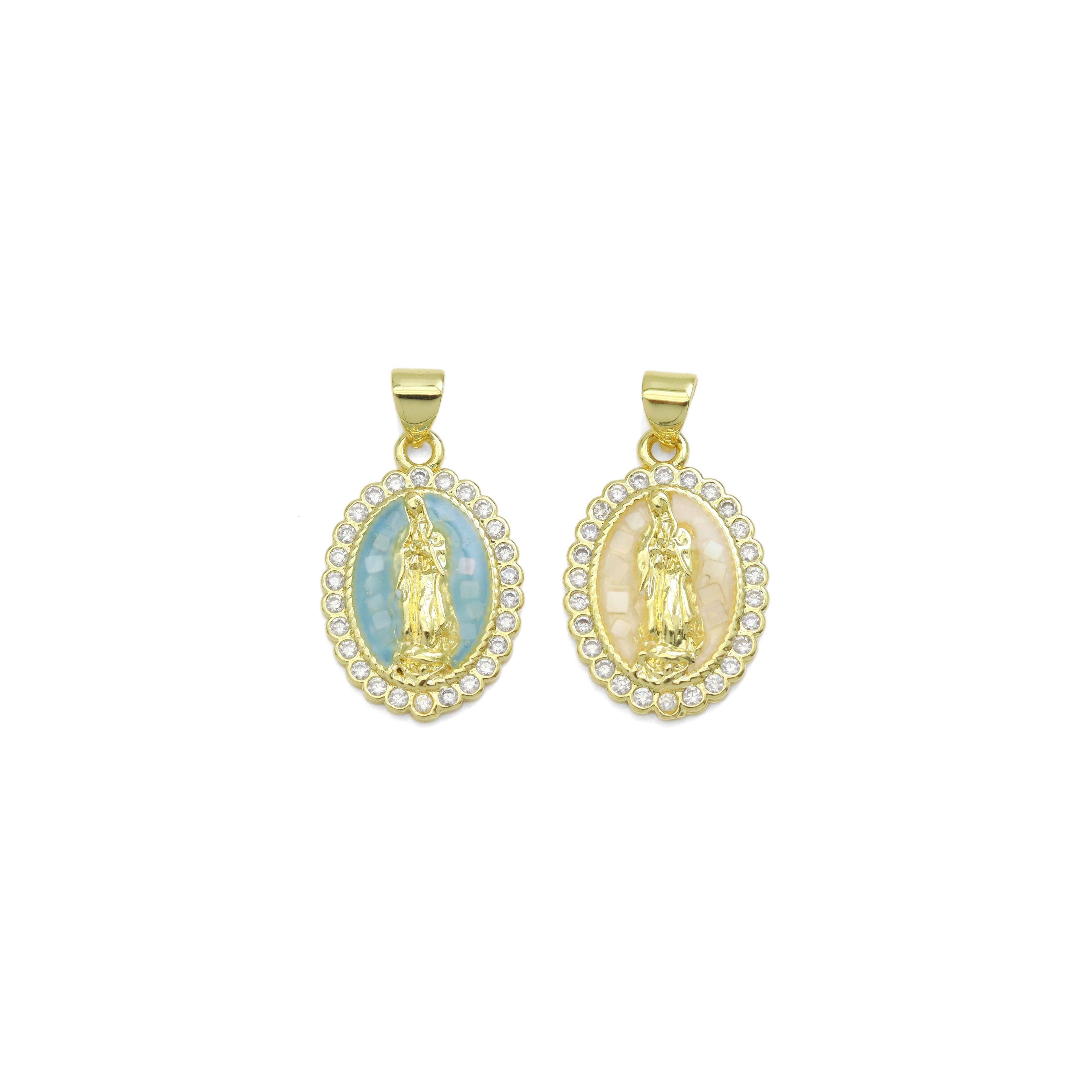 Blue White Oval Shape Mother of Pearl Mary Charm, Sku#LX504