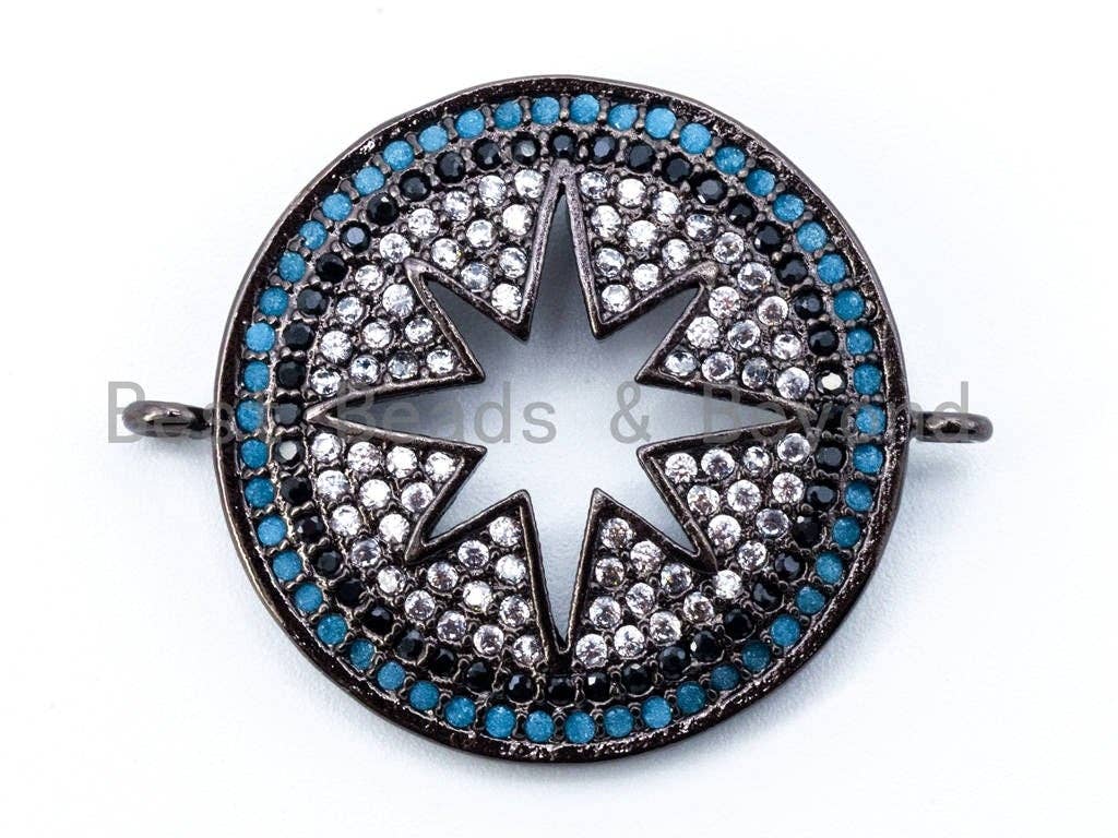 CZ Micro Pave Turquoise Black Round Connector with Hollow Star, Gold/Silver/Rose Gold/Black Star Connector, 23x30mm, sku#M42