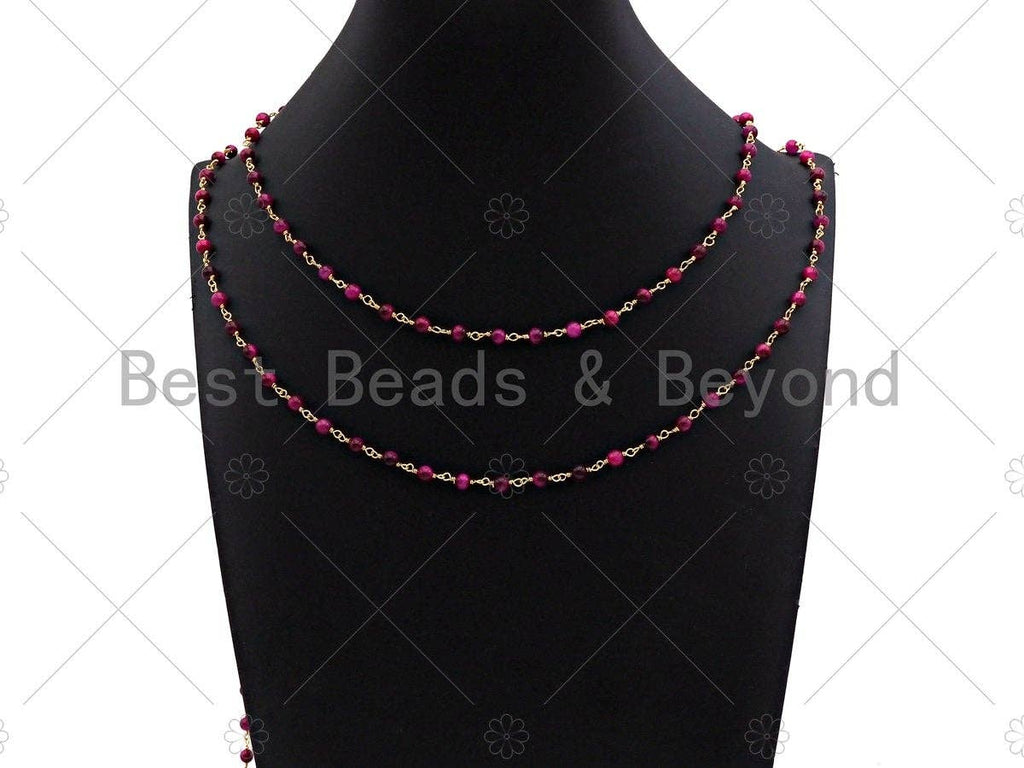 Galaxy/Fuchsia/Blue High Quality Tiger Eye Rosary Chain, 4mm Beaded Chain, Wire Wrapped Gold Chain,Sku#V75