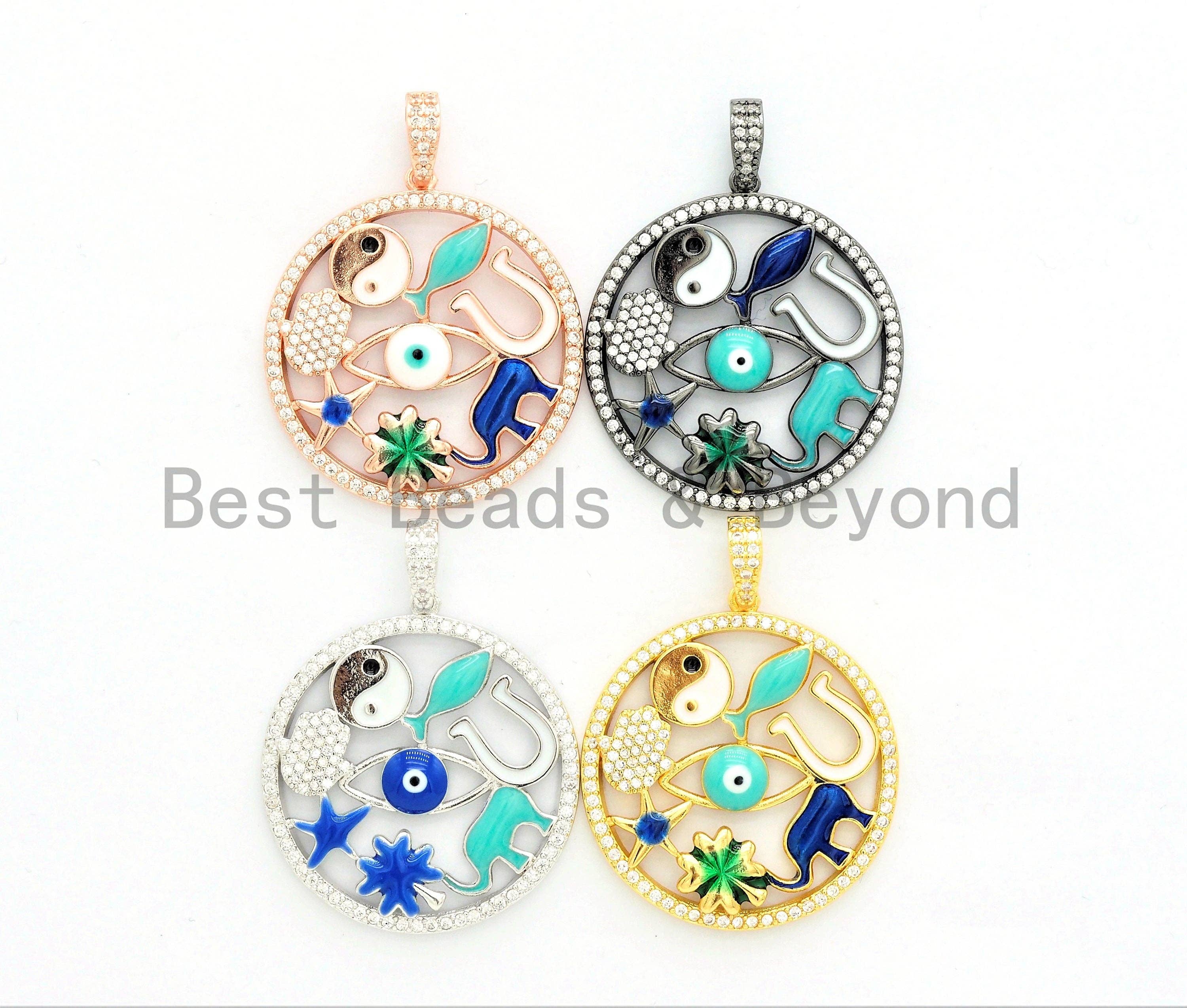 LARGE Enamel Round Artisan Pendant,Clear CZ Micro Pave Oil Drop Round Protection pendant,Enamel pendant,Enamel Jewelry,32x34mm,sku#F594