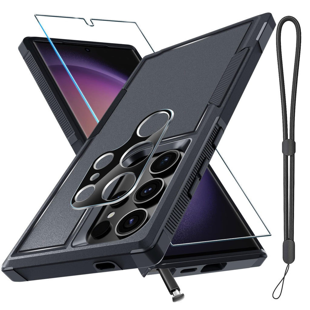 Étui RMOCR pour Samsung Galaxy S25 Ultra, coque de protection intégrale robuste antichoc avec cordon, protecteur d'écran en verre trempé et cache d'objectif d'appareil photo, noir mat