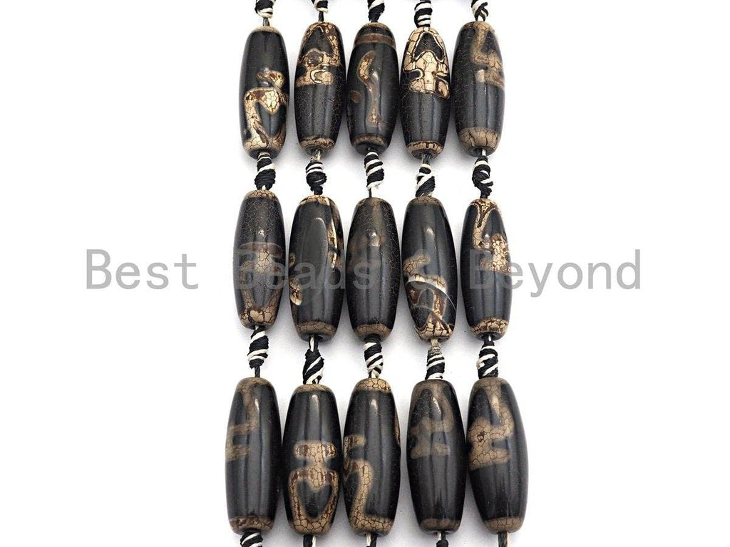 1pc/10pcs Natural Tibetan Agate Beads, Black with White heart Tibetan Long Oval Shape Beads, Dzi Agate Beads, 12x30mm, sku#U536