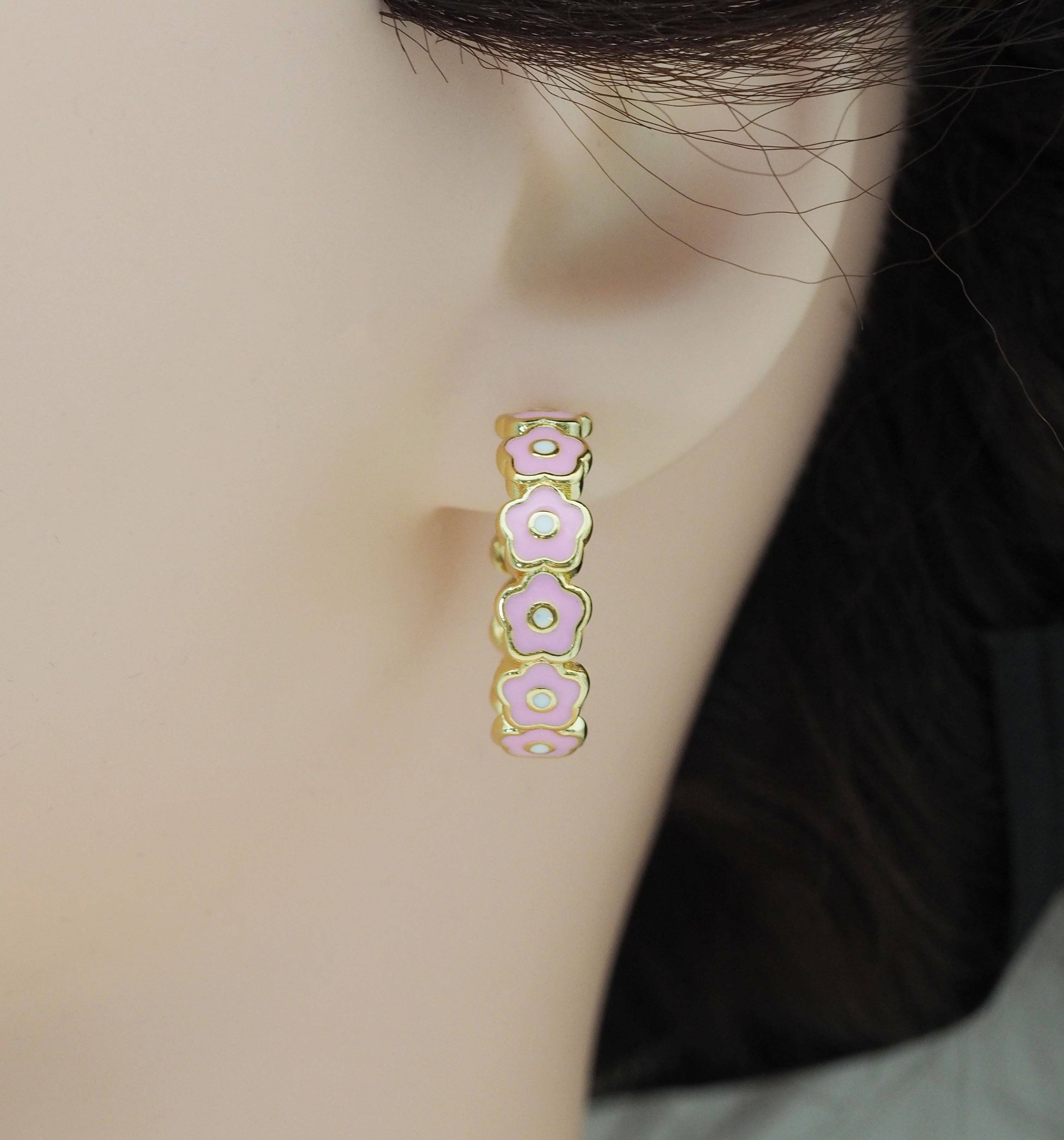 Colorful Enamel String Flower Hoop Earrings, Sku#J372