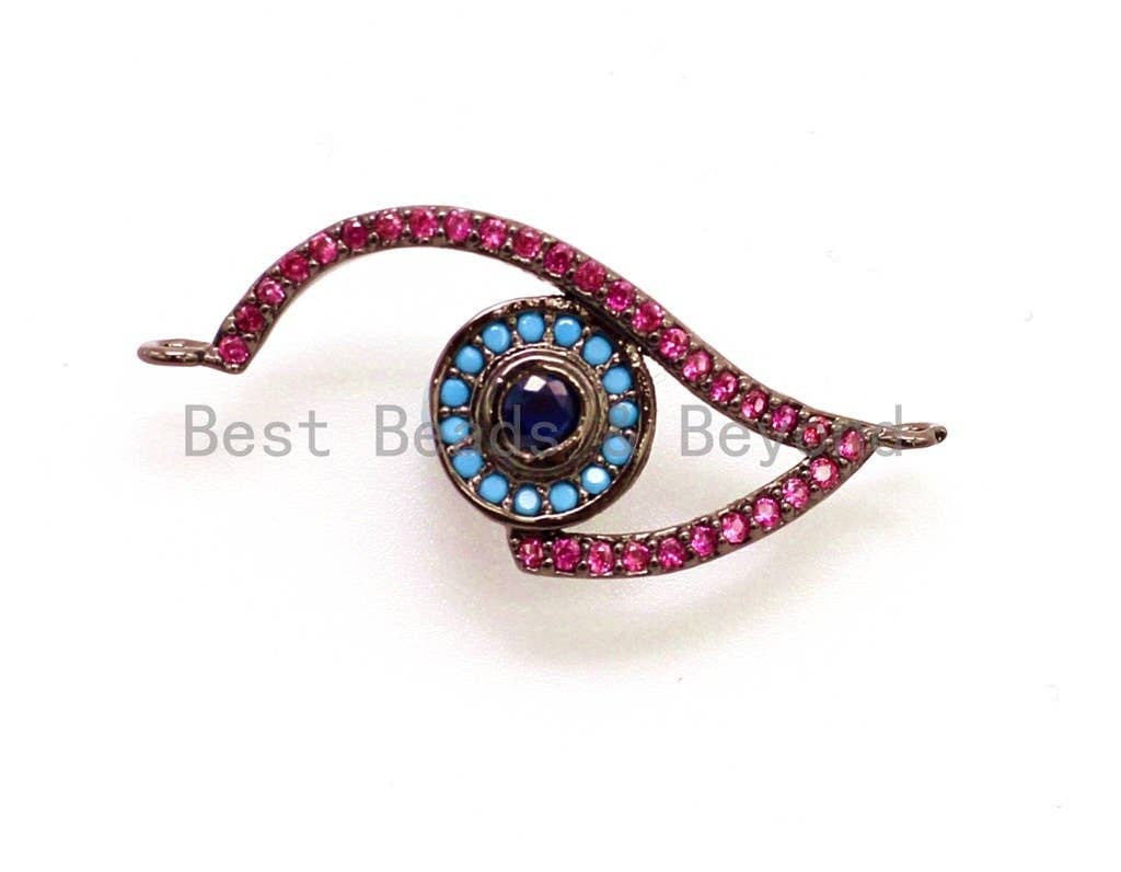 CZ Micro Pave Fuchisa Half Evil Eye Connector for Bracelet/Necklace, Cubic Zirconia Space Connector, Jewelry Findings,11x30mm, sku#E23C