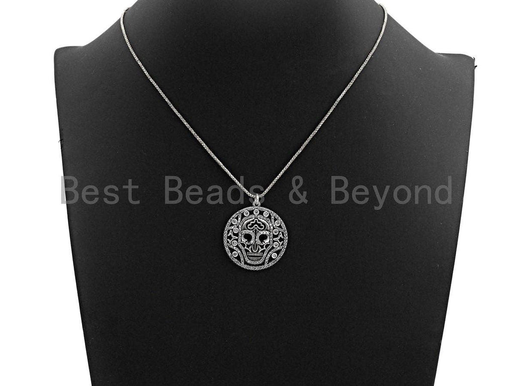 CZ Micro Pave Hollow Out Skull With Ring Pendant, Antique Silver Tone, Cubic Zirconia Pave Round Pendant, 29x32mm,sku#F1025