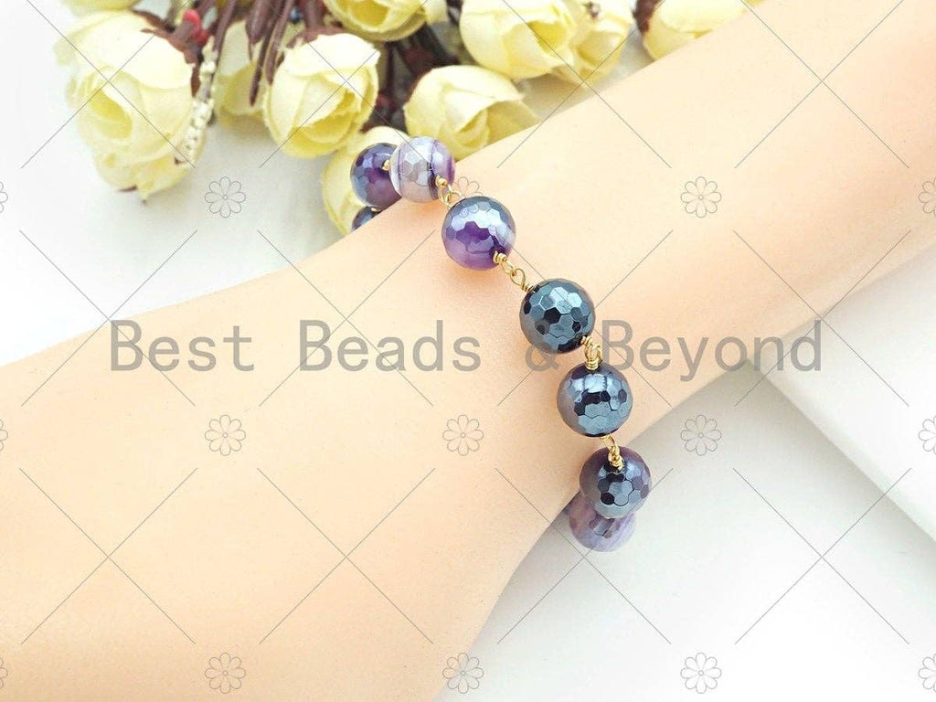 Mystic Agate Purple/Green Brown/Pink Rosary Chain, 10mm Agate Beaded Chain, Wire Wrapped Gold Chain, Sku#V87