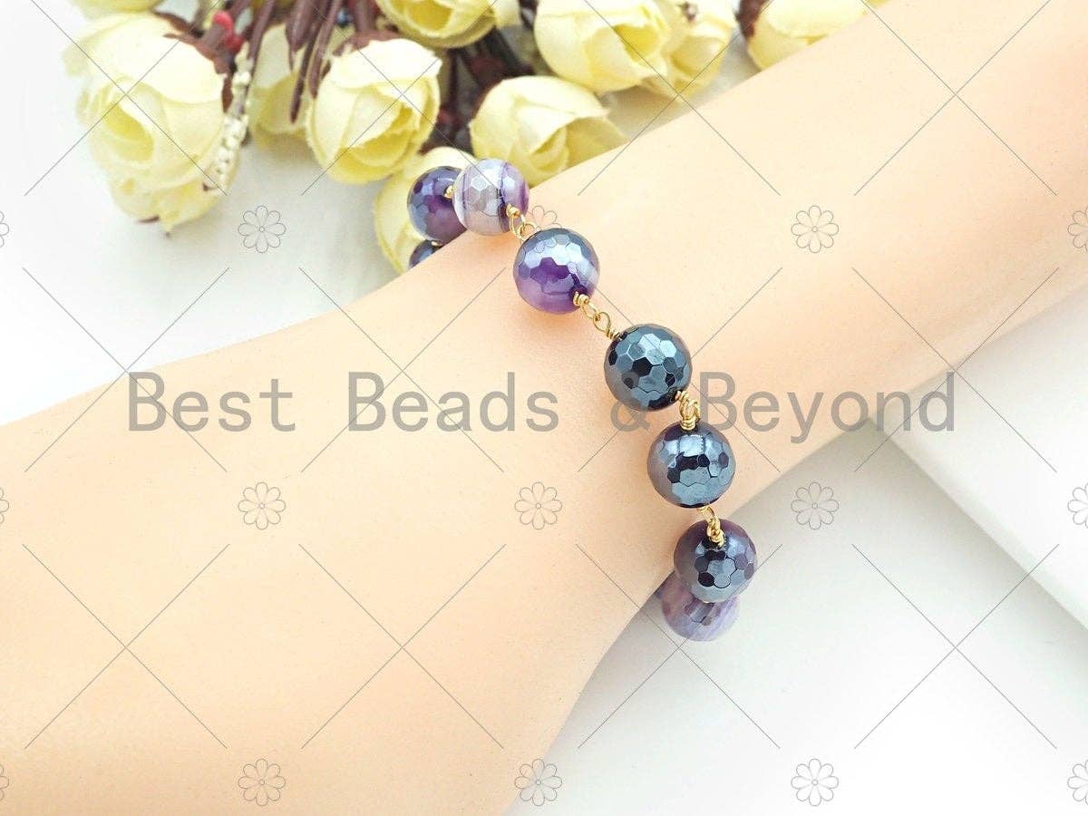 Mystic Agate Purple/Green Brown/Pink Rosary Chain, 10mm Agate Beaded Chain, Wire Wrapped Gold Chain, Sku#V87