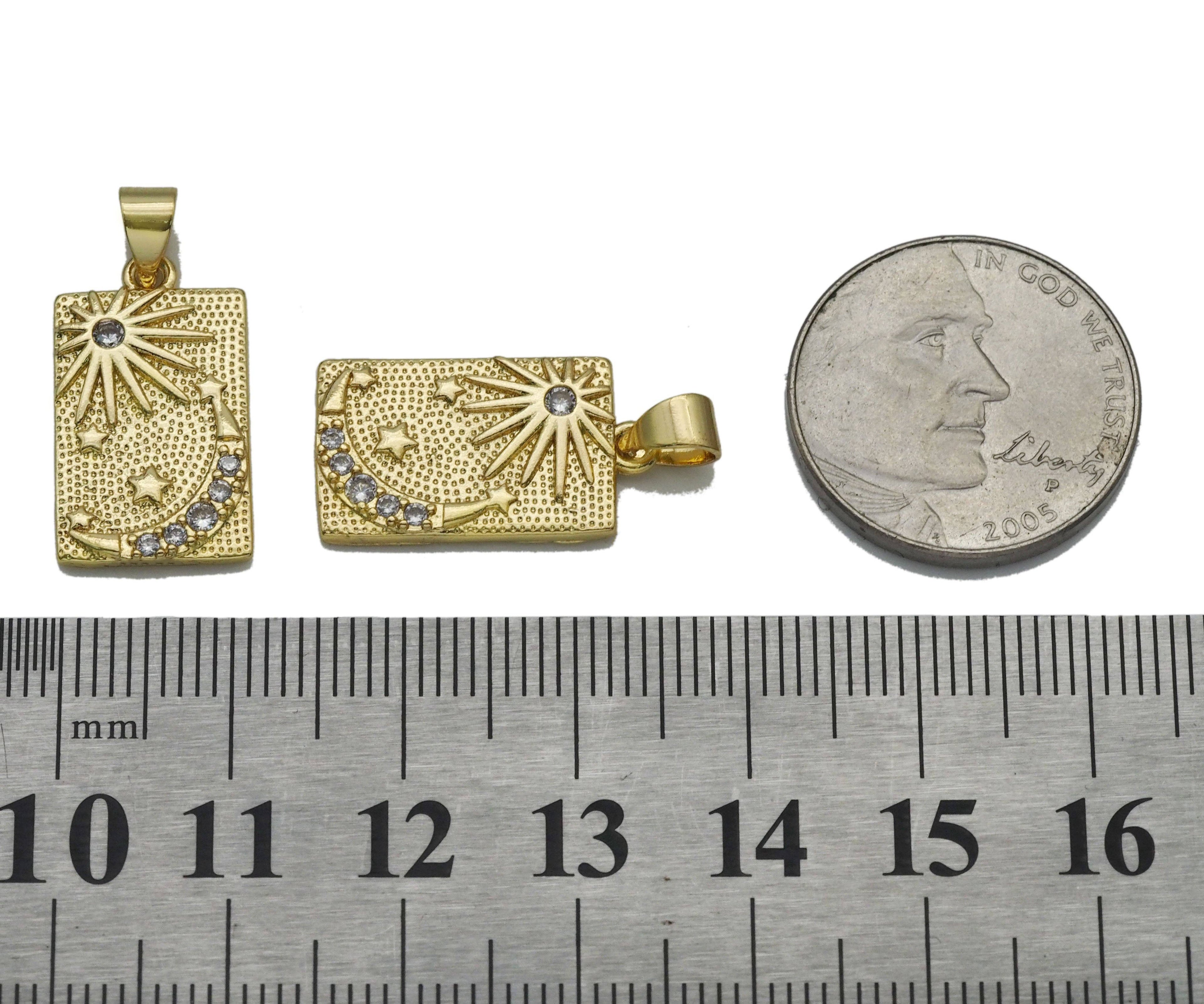 CZ Gold Sun Cresent Moon Star Rectangle Dog Tag Charm, Sku#LK762