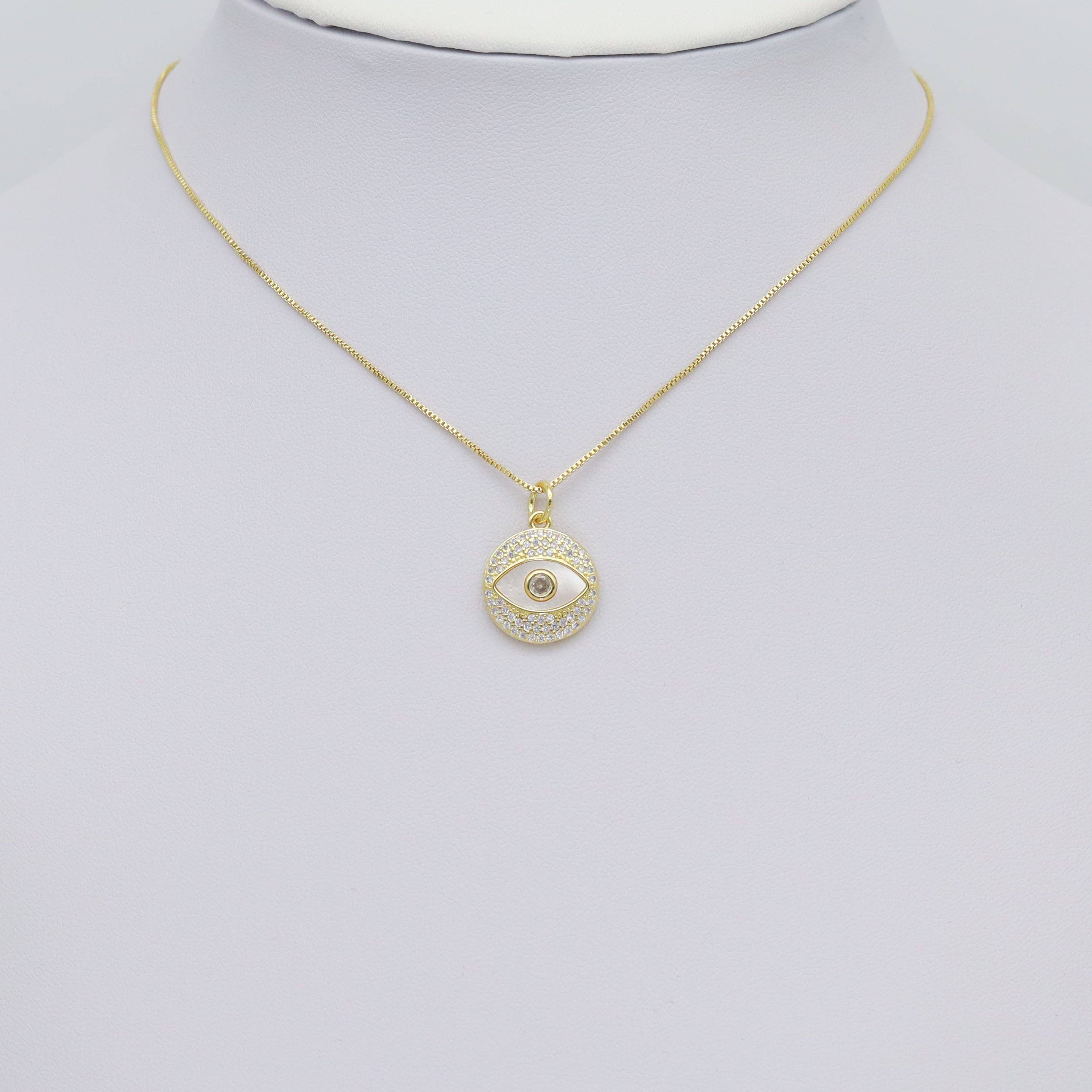 Gold Clear CZ Mother of Pearl Evil Eye Coin Shape Charm, Sku#LX462