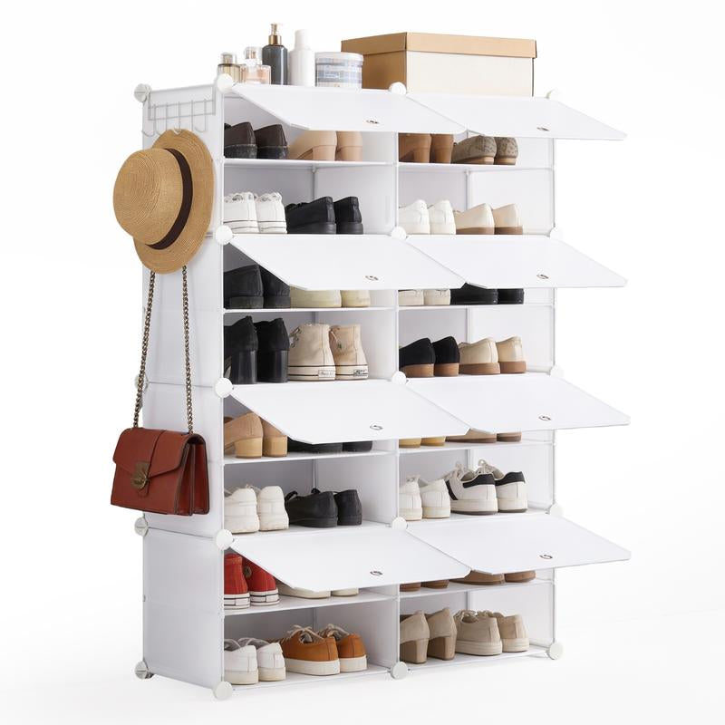 【NEW YEAR Deal】6/8-Tier Shoe Cabinet, 24/32-Tier Capacity, with Side Hooks, Sturdy Metal Frame, and Black and White Plastic Panel Shelves. Suitable for Entryways, Living Rooms, and Walk-In Closets