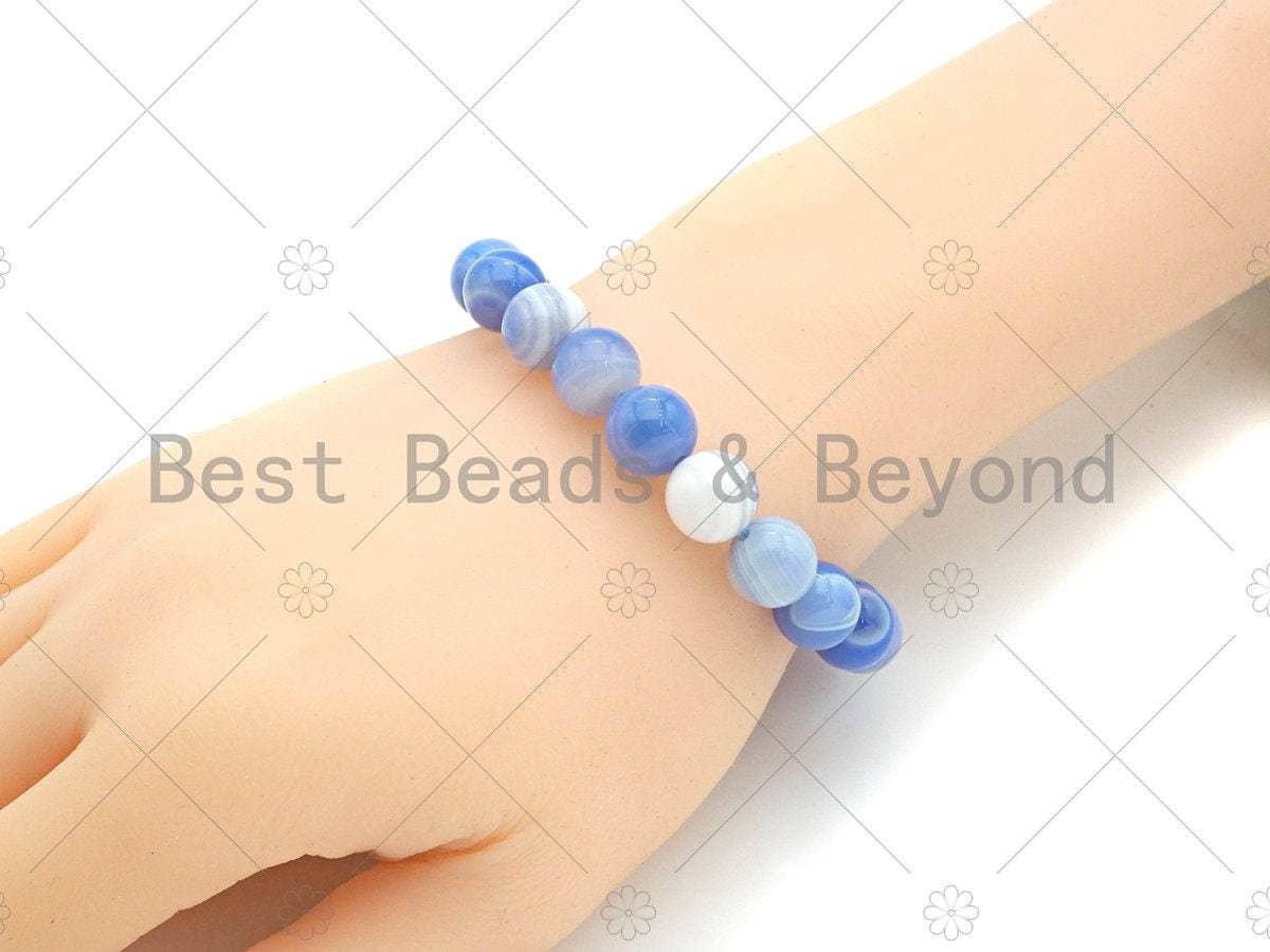 Natural Blue Banded Agate Stretchy Bracelet, Sku#EF29
