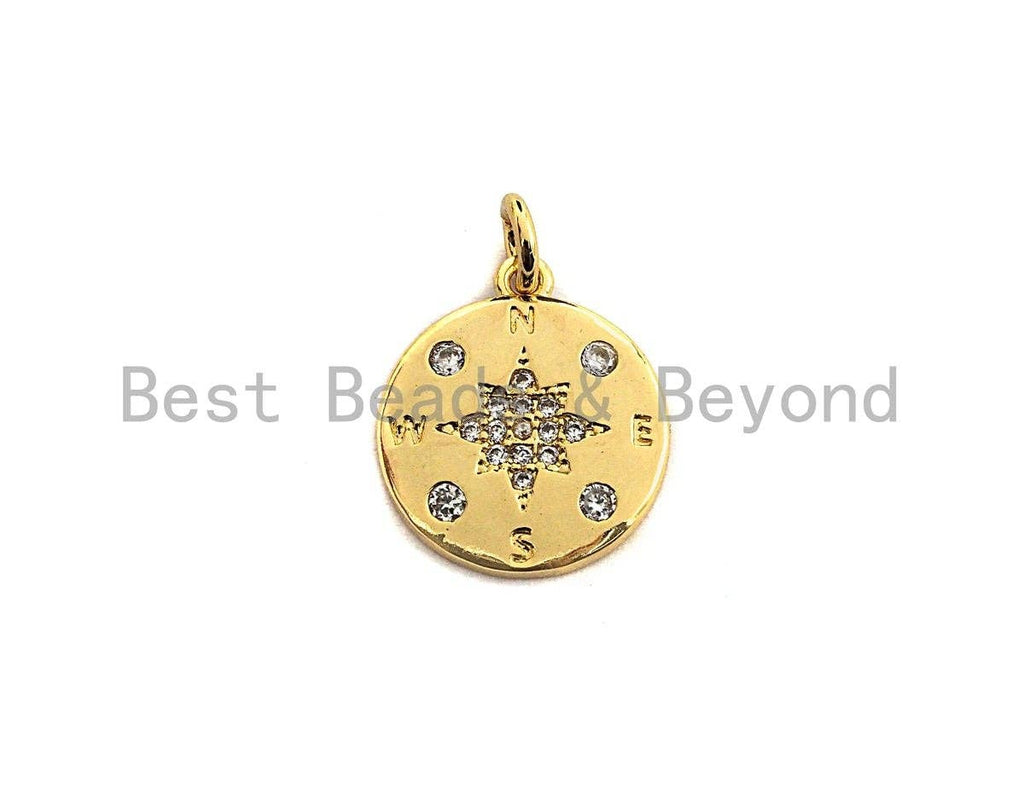 Clear CZ Micro Pave North Star Coin Pendant/Charm,Star Cubic Zirconia Pendant, Silver/Gold Tone,15x17mm,Sku#Z431