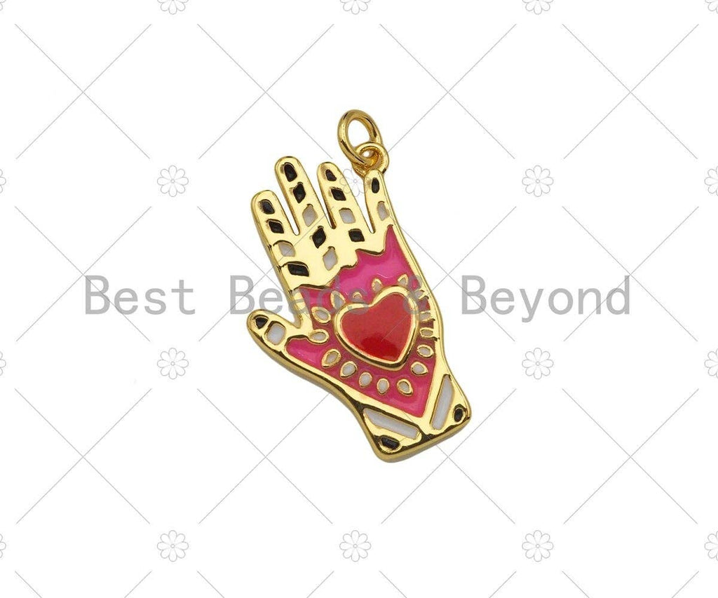 Red Enamel Heart On Pink Enamel Hand Shape Pendant, 18K Gold Enamel Pendant,Enamel Jewelry,14x24mm,Sku#Z1320