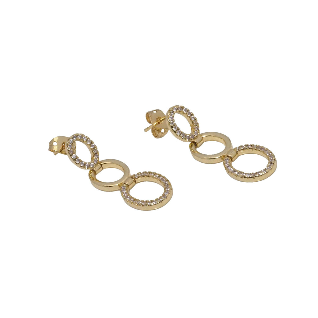 CZ Gold Three Round Circle Link Dangle Earrings, Sku#LD392