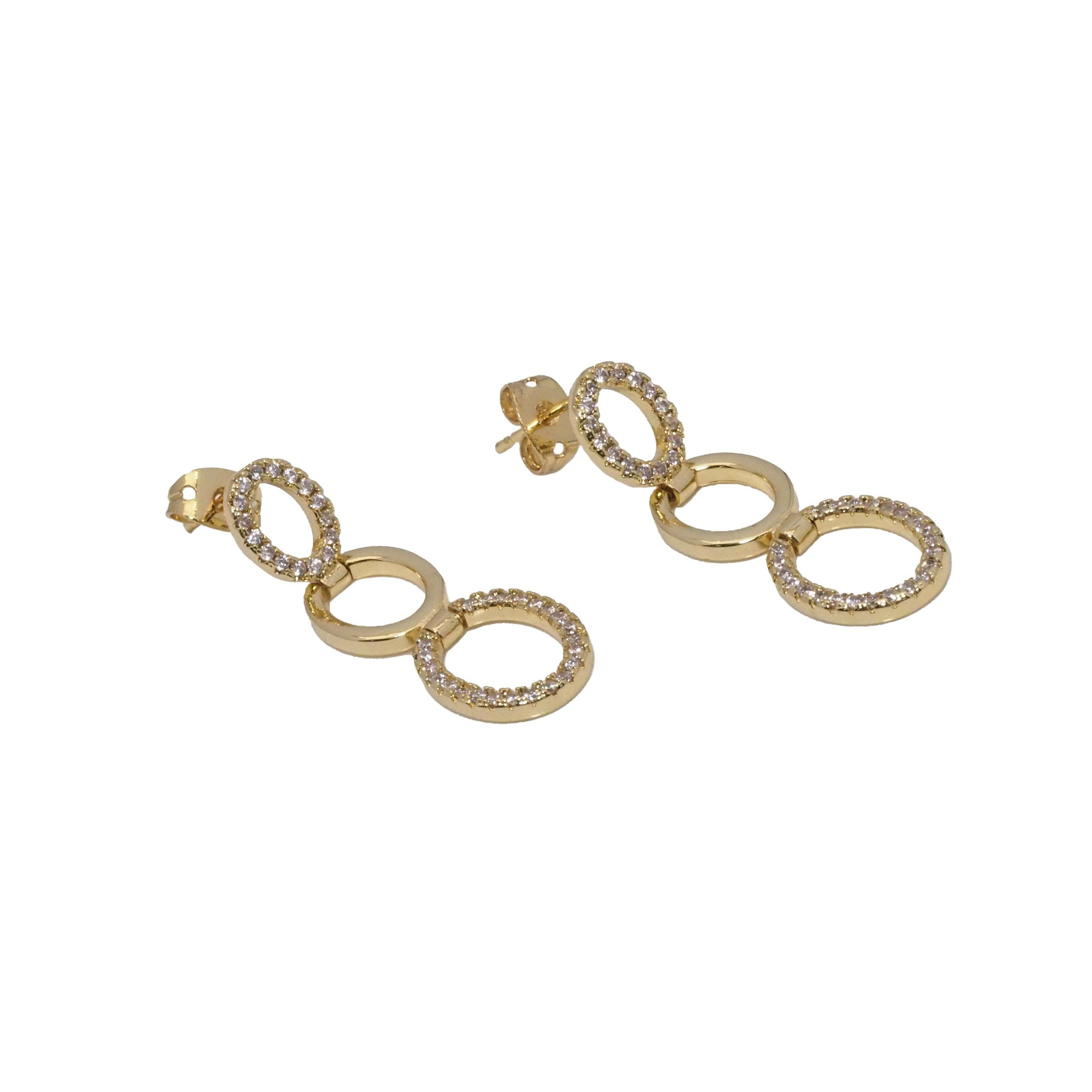 CZ Gold Three Round Circle Link Dangle Earrings, Sku#LD392
