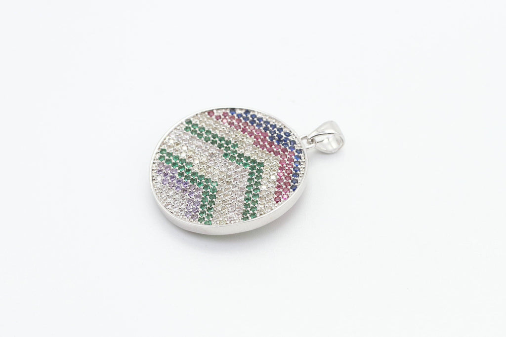 CZ Micro Pave Mixed Color Zigzag Round Disc Pendant, Cubic Zirconia Necklace Pendant, 25x31mm, sku#F3