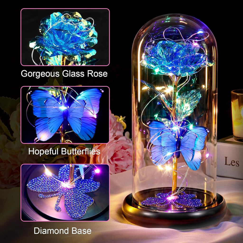 Valentines Day Birthday Gifts for Her Women Blue Rose Eternal Flower Light up Rose in Glass Dome with Butterfly, Valentine'S Flowers Gifts for Her Wife Mom Girlfriend Delivery Prime Anniversary