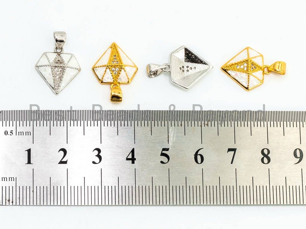 CZ Micro Pave and Mother of Pearl MOP diamond shaped Pendant, Cubic Zirconia Charm/Pendant, rhinestones Jewelry Findings,14x16mm, sku#Z39