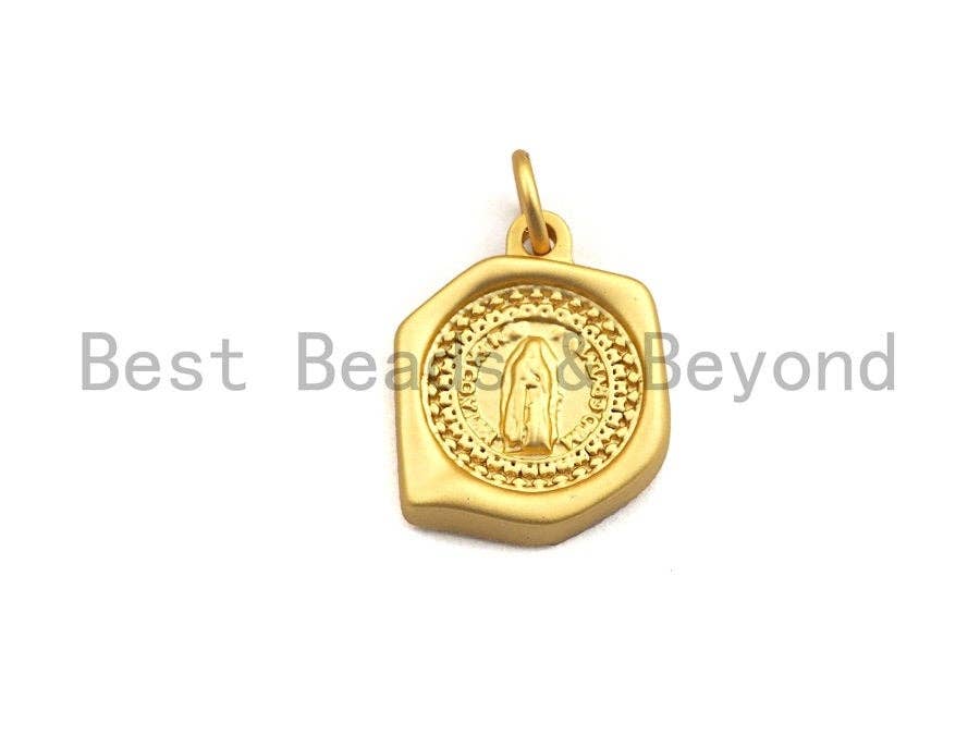 CZ Micro Pave Hexagon With Mary Pendant,Cubic Zirconia Hexagon Charm, Silver/Gold Pendant, Religious Jewelry, 13x16mm,sku#Y212