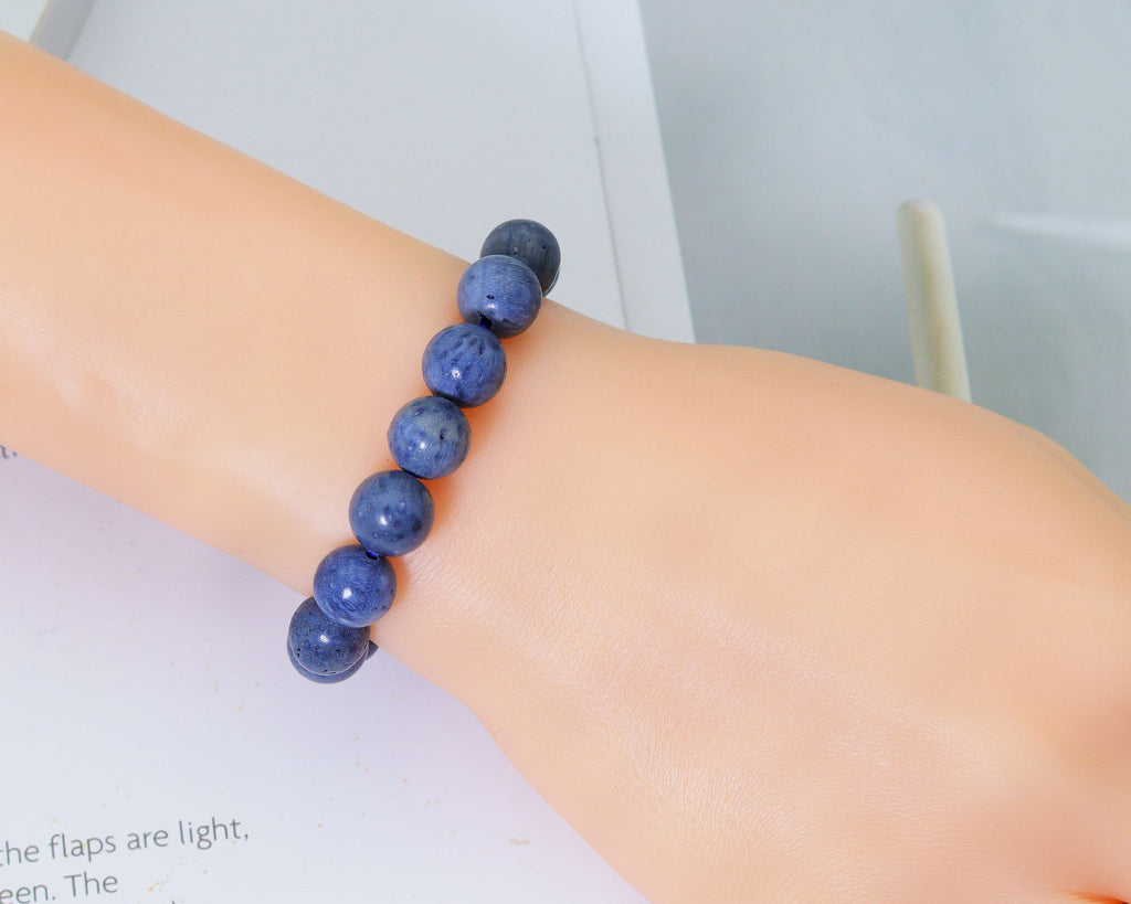Natural Round Smooth Blue Sponge Coral Stretchy Bracelet, Sku#EF139