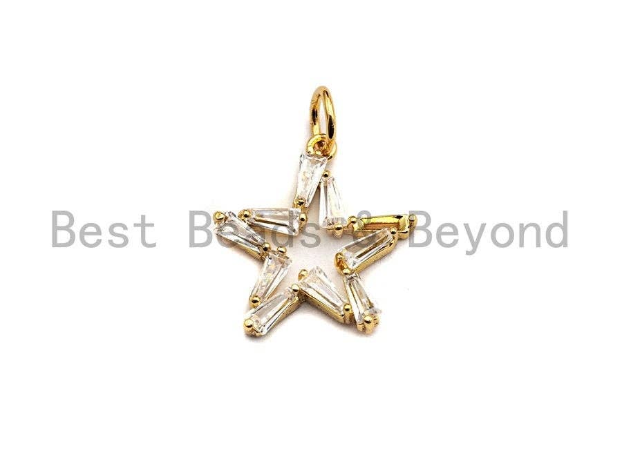 CZ Clear Micro Pave Five Point Star Pendant, Five Point Star Shaped Pave Pendant, Gold plated, 15x16mm, Sku#Y233
