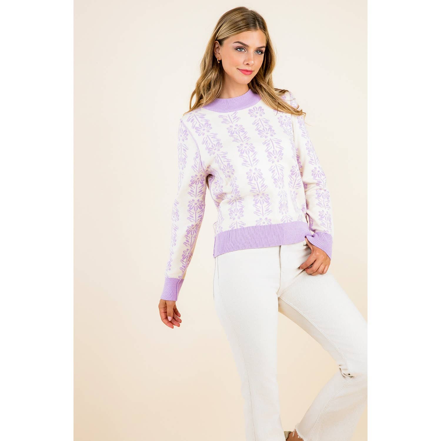 Leyla - Long Sleeve Floral Pattern Knit Pullover Sweater