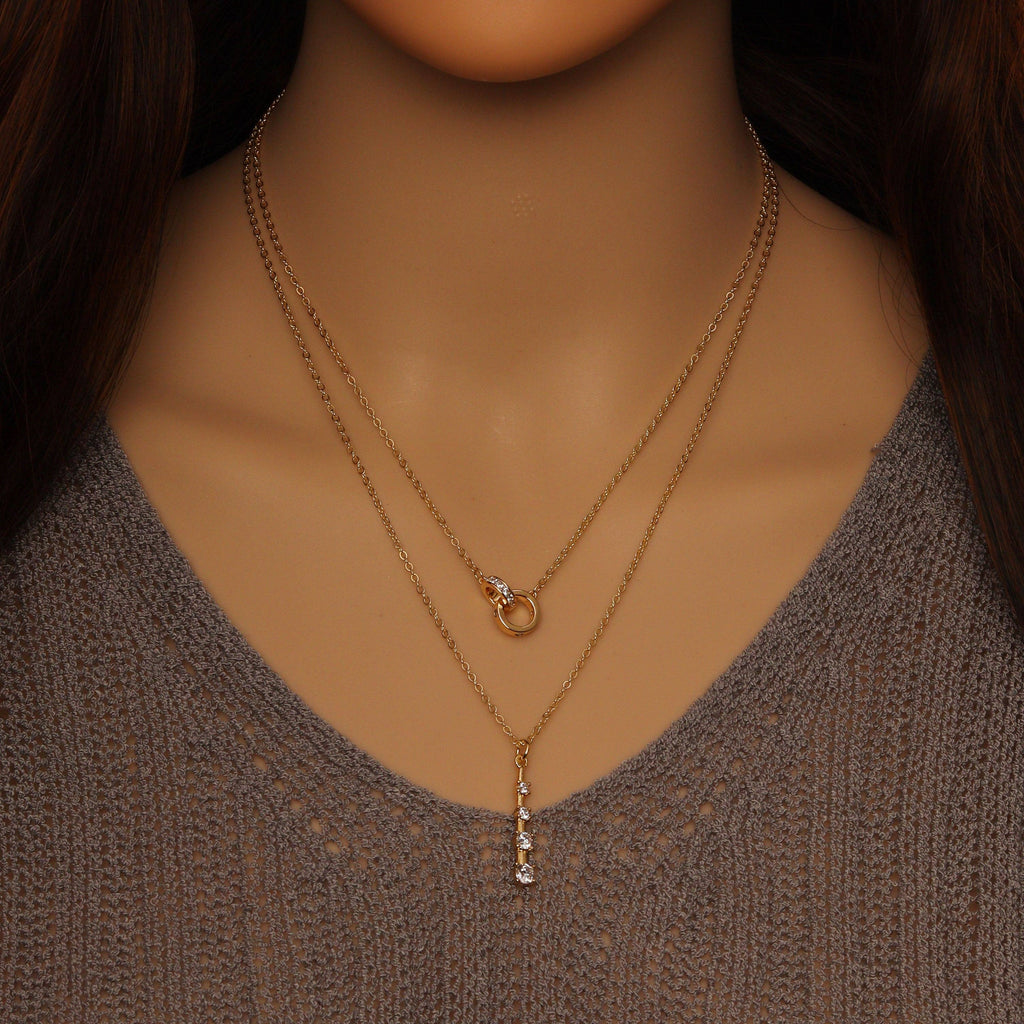 Double Ring Link Bar Layered Necklace, Sku#EF378