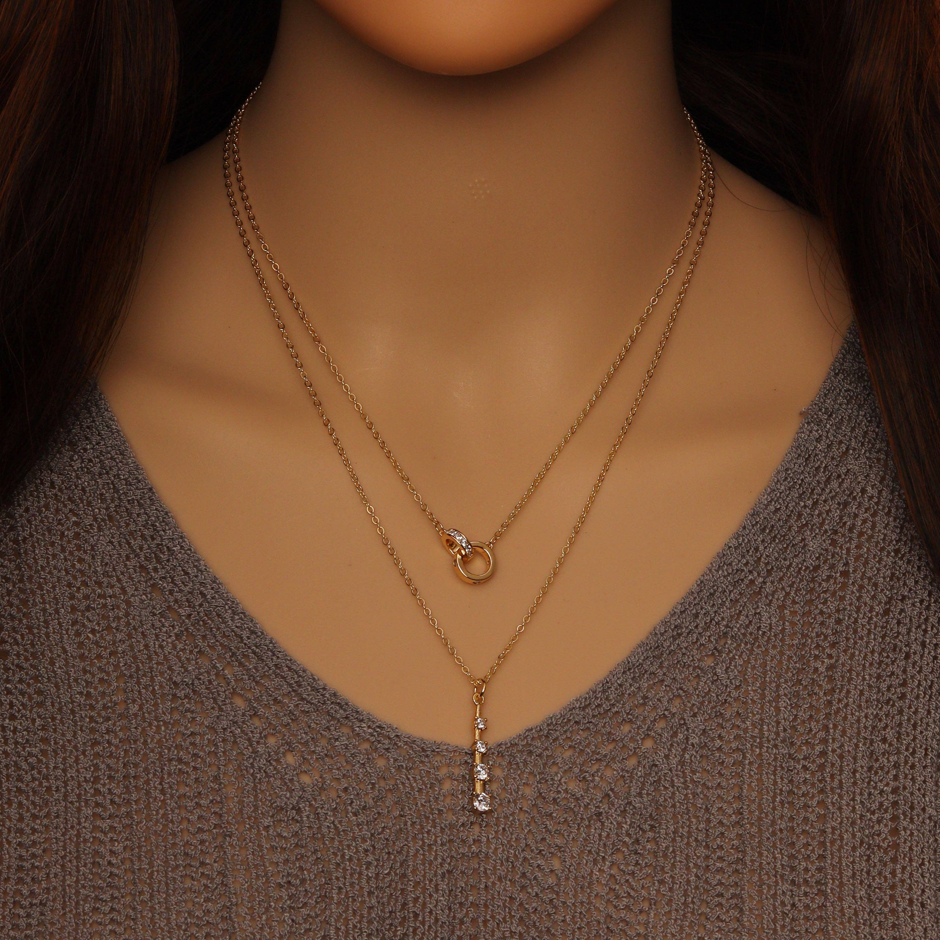 Double Ring Link Bar Layered Necklace, Sku#EF378