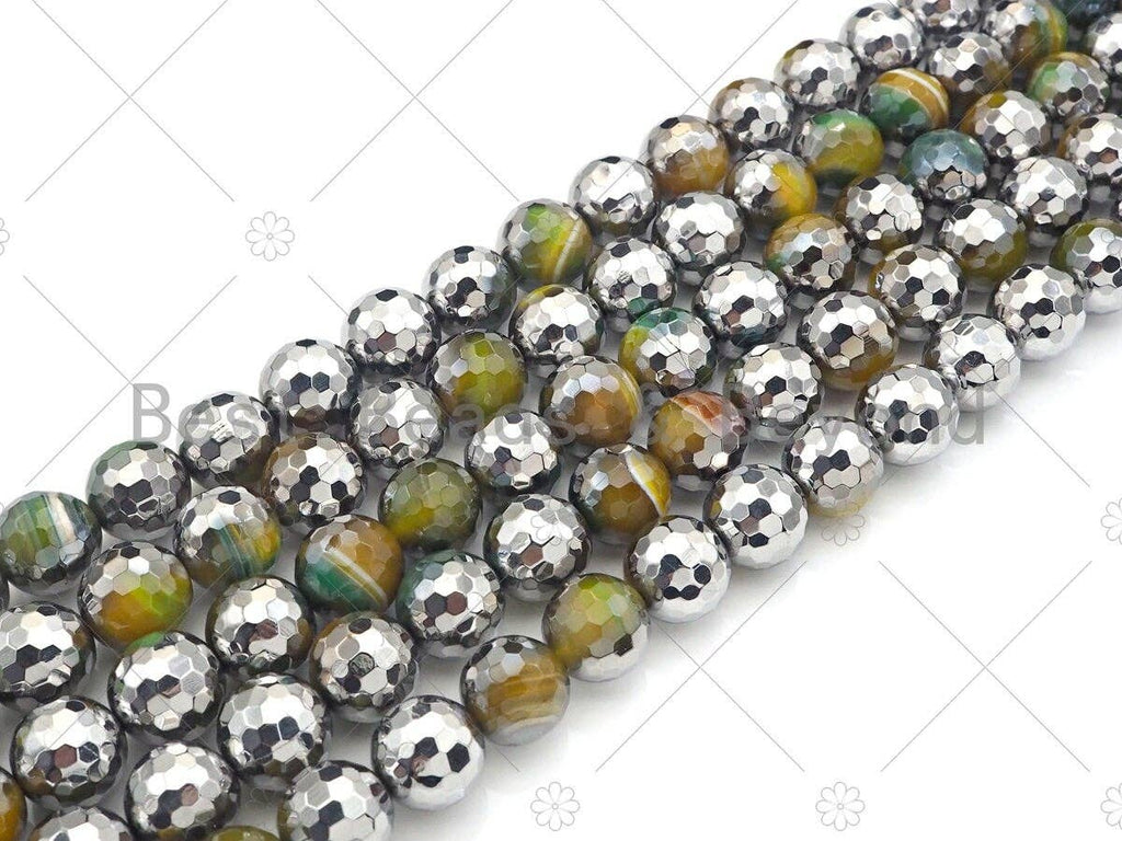 Half Silver Plated Natural Olive Green Agate Beads, 10mm/12mm Round Faceted Olive Agate Beads, 15.5 Full Strand, sku# UA127