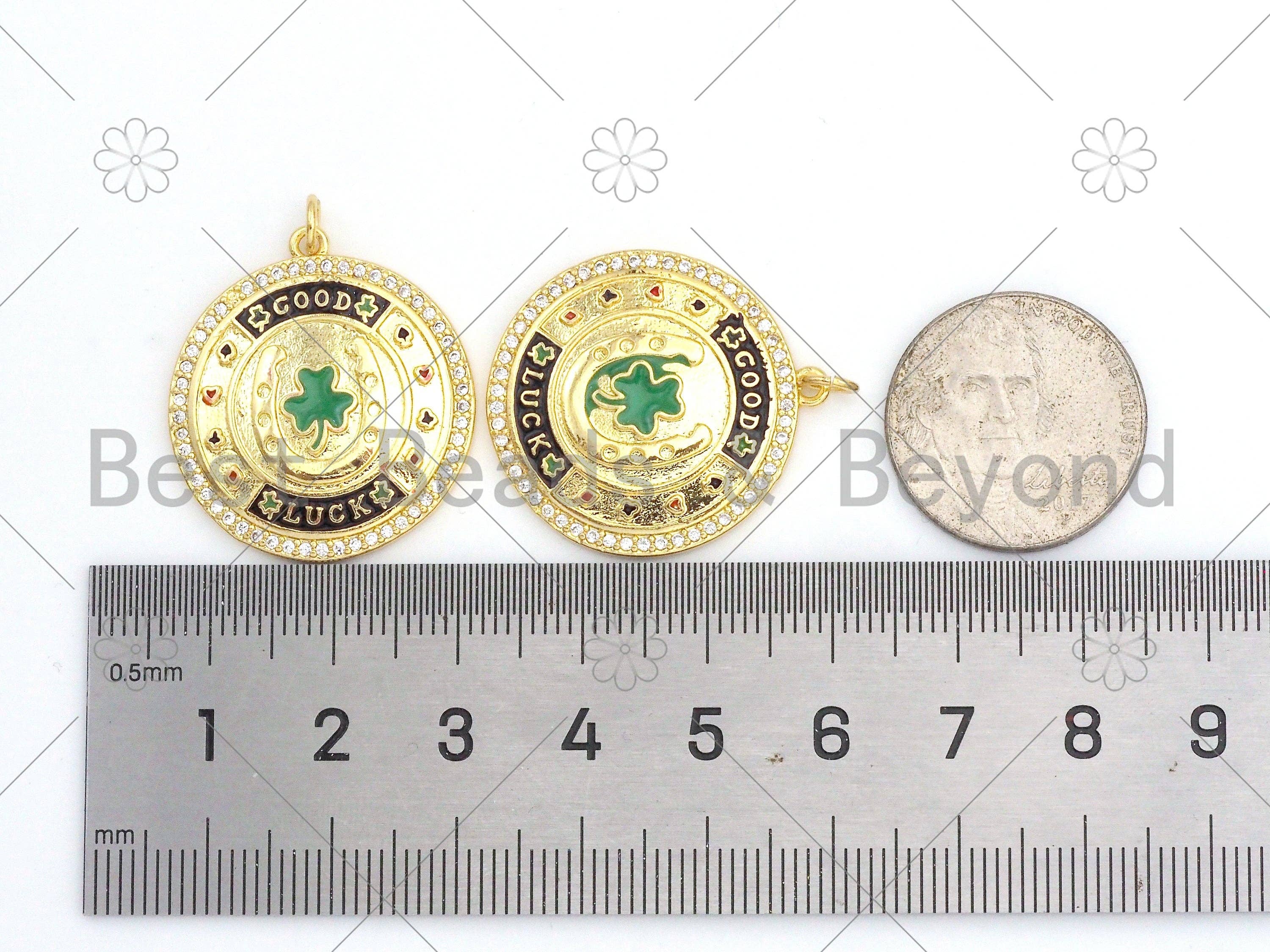 CZ Micro Pave Green Enamel Leaf  On Round Medallion Shape Pendant,18K Gold Filled Good Luck Charm, Necklace Bracelet Charm,25x28mm,Sku#LK380