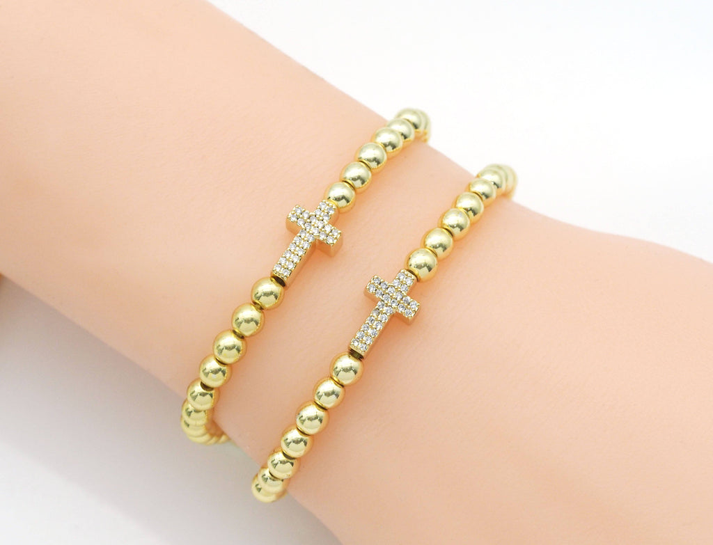 CZ Gold Cross Hematite Beads Bracelet, Sku#EF225