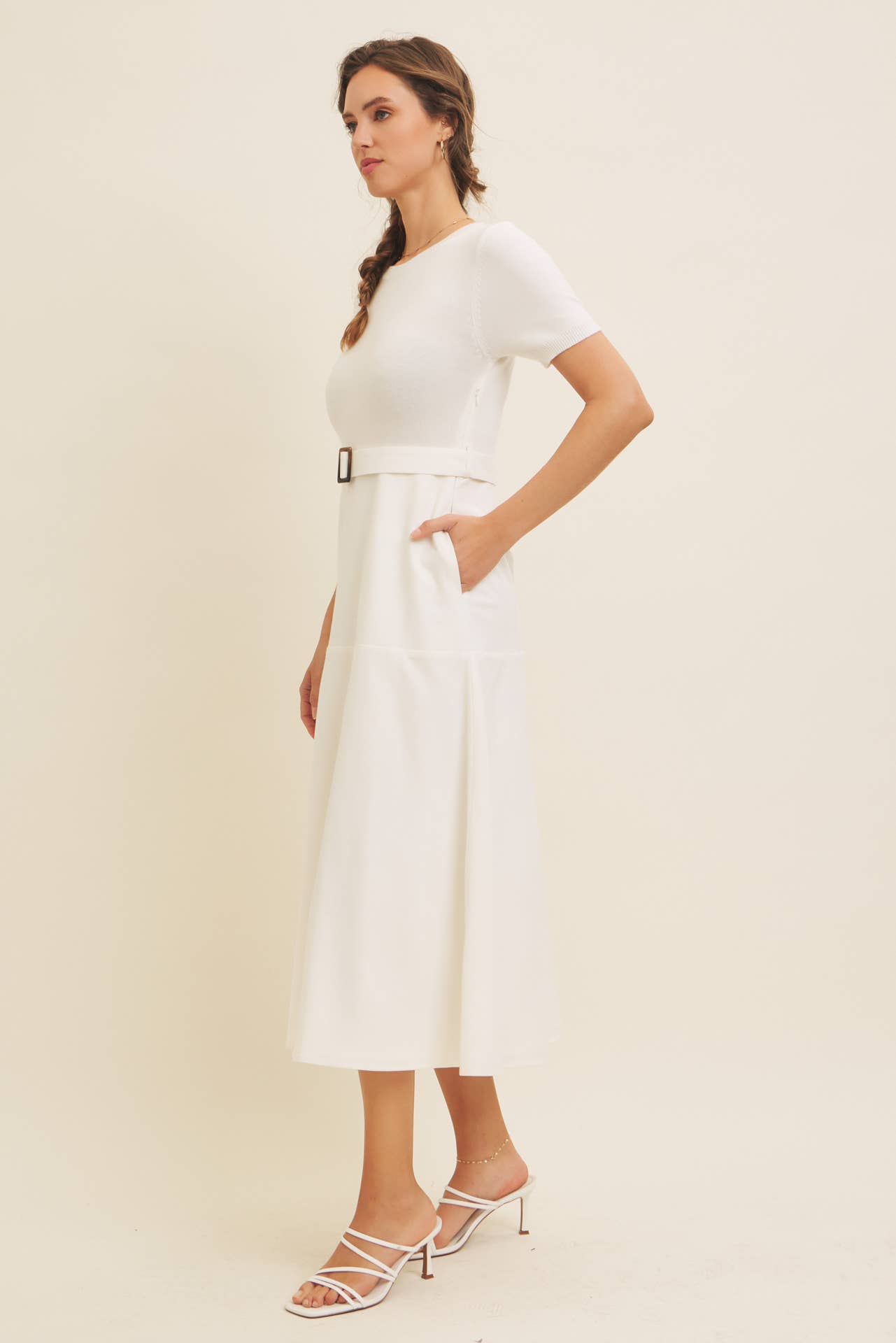 DELANEY- Super Soft White Mixed Media Sweater Midi Dres with Belt