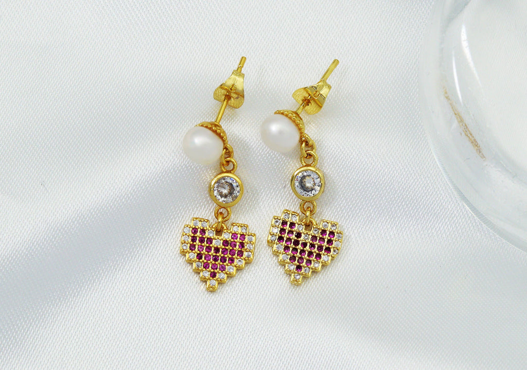 Fuchsia CZ Heart and Pearl Stud Earrings, Sku#LD259