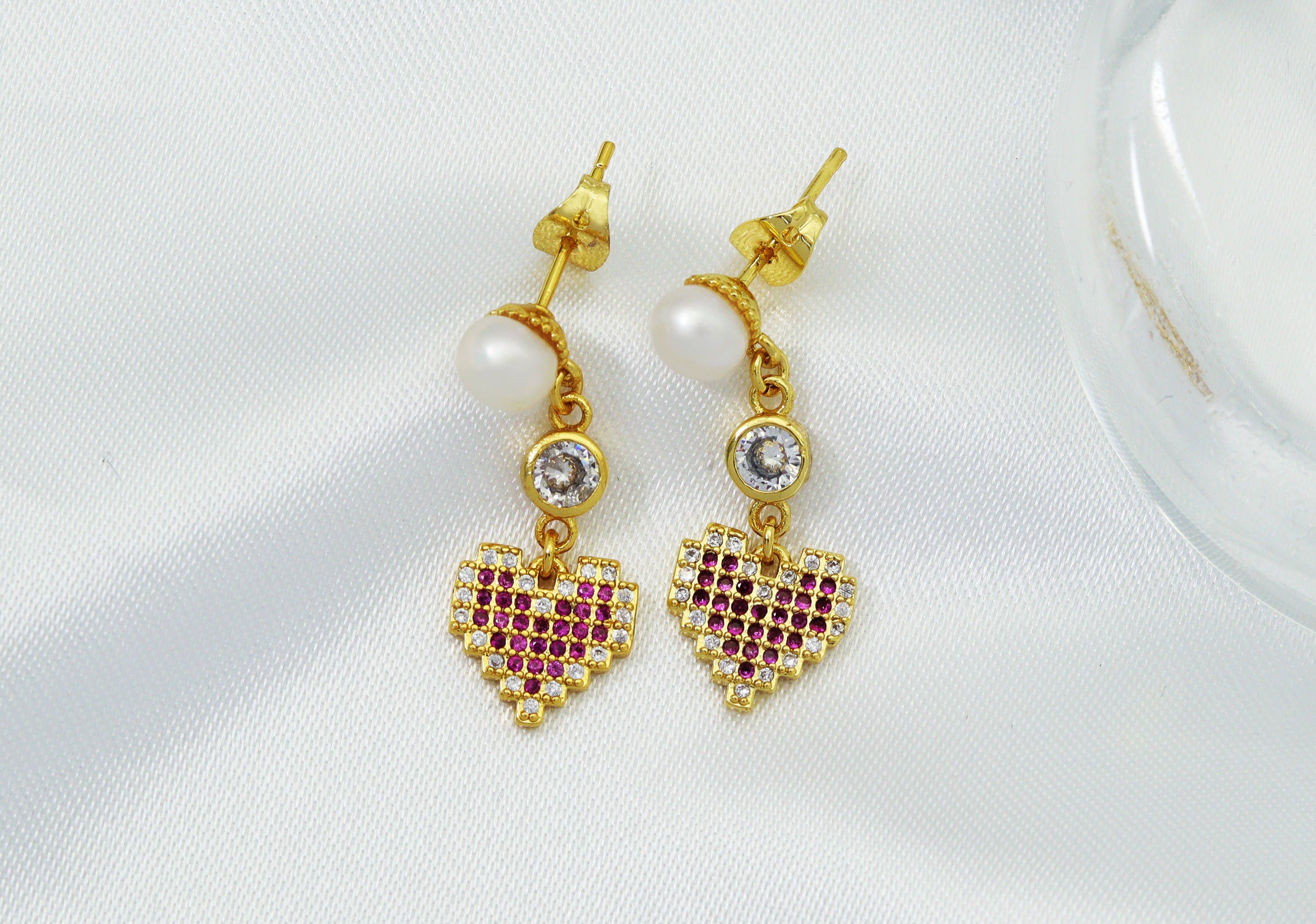 Fuchsia CZ Heart and Pearl Stud Earrings, Sku#LD259