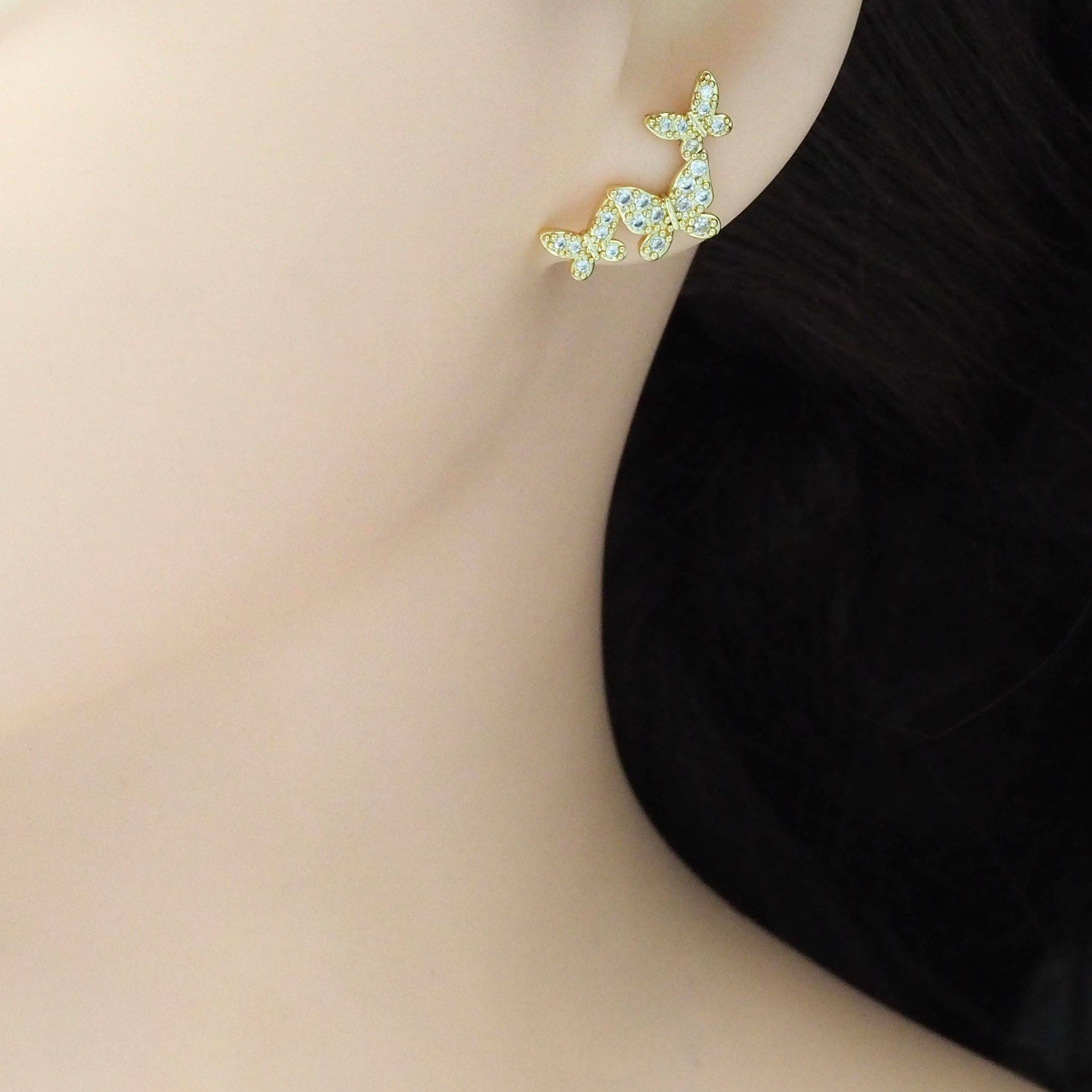 CZ Gold Thriple Butterflies Ear Climber Earrings, Sku#LD502