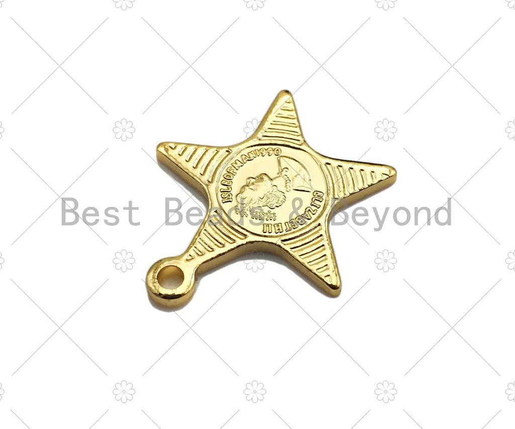18k Dainty Gold Embossed Star Charms, Queen Elizabeth Charms, Gold Pendant, Five Point Star Necklace Charms, 18x16mm, Sku#Y380