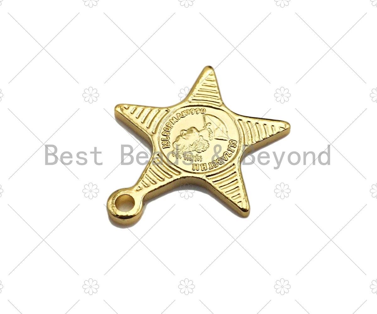 18k Dainty Gold Embossed Star Charms, Queen Elizabeth Charms, Gold Pendant, Five Point Star Necklace Charms, 18x16mm, Sku#Y380