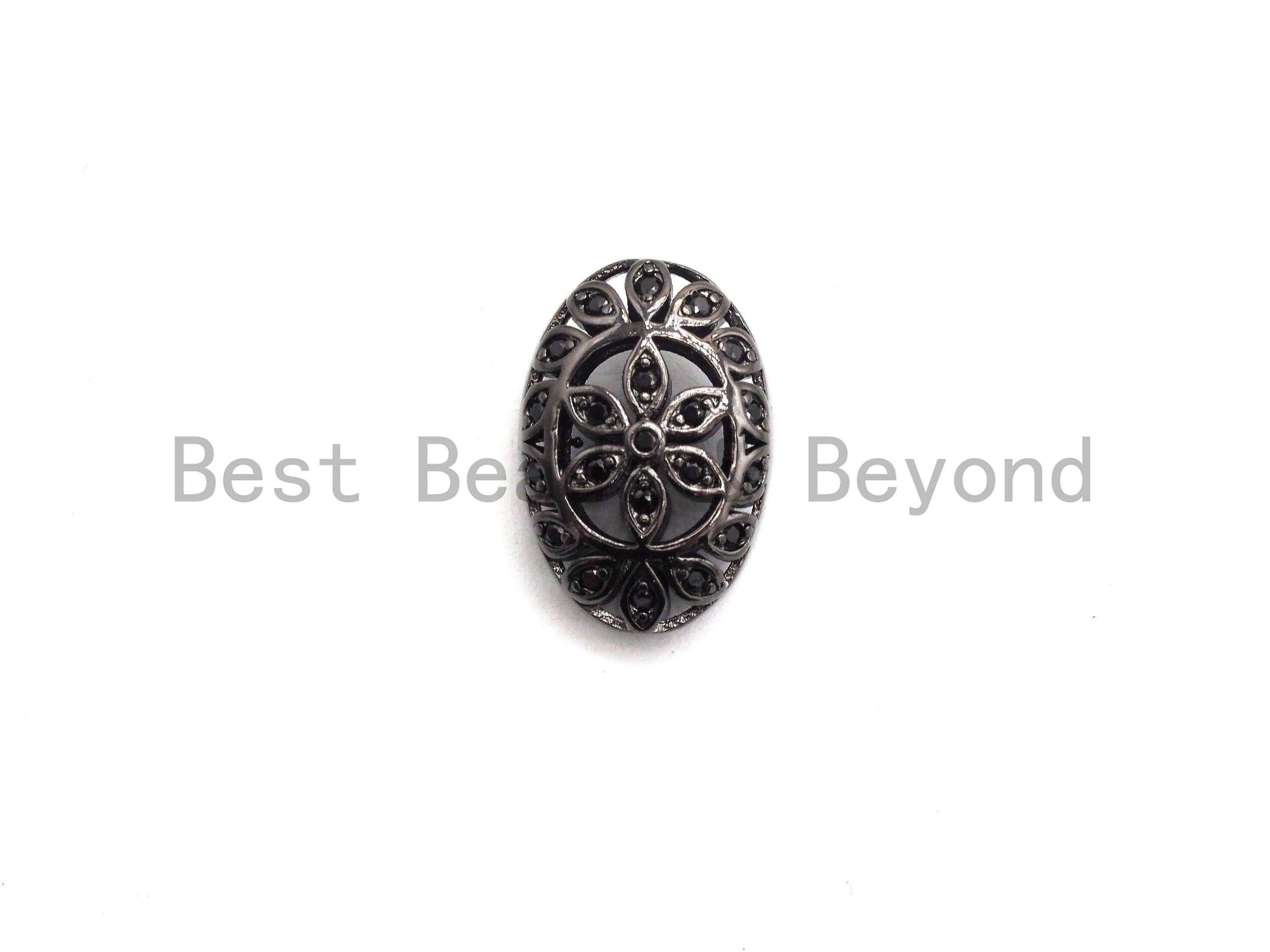 Black CZ Pave On Black  Micro Pave Oval Spacer Beads with Flower Pattern, Black CZ Pave Beads for Bracelet/Necklace, 12x17mm, sku#G416