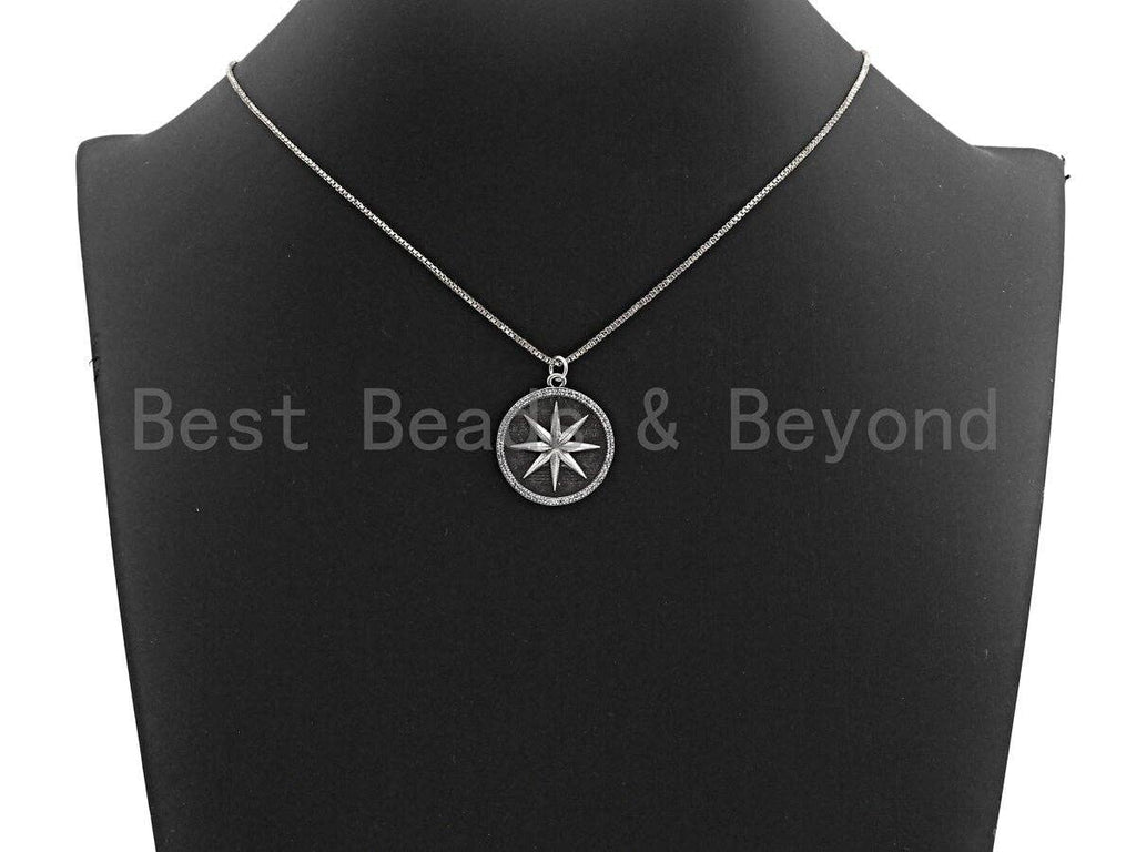 CZ Micro Pave Star on Round Disc Pendant, Antique Silver Tone, Cubic Zirconia Pave Coin Charm Pendant, 25x30mm,sku#F1020C
