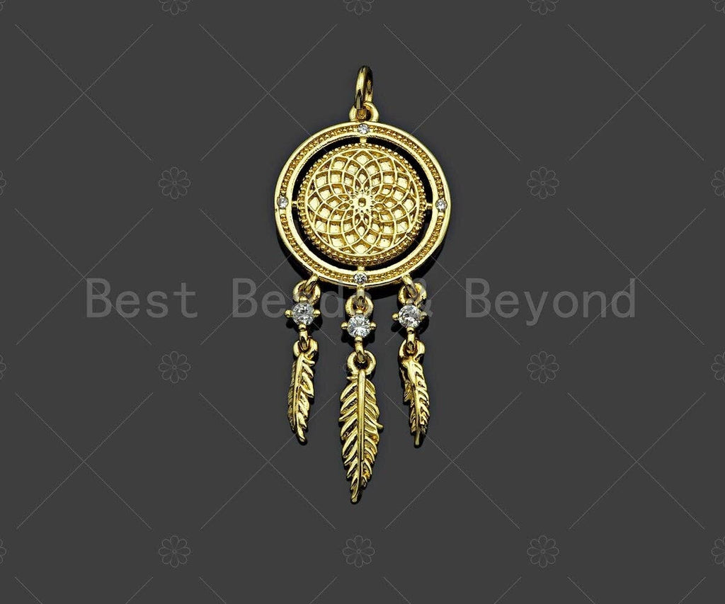 CZ Micro Pave Disc With Feather Shape Pendant Charm,Sku#F1357C