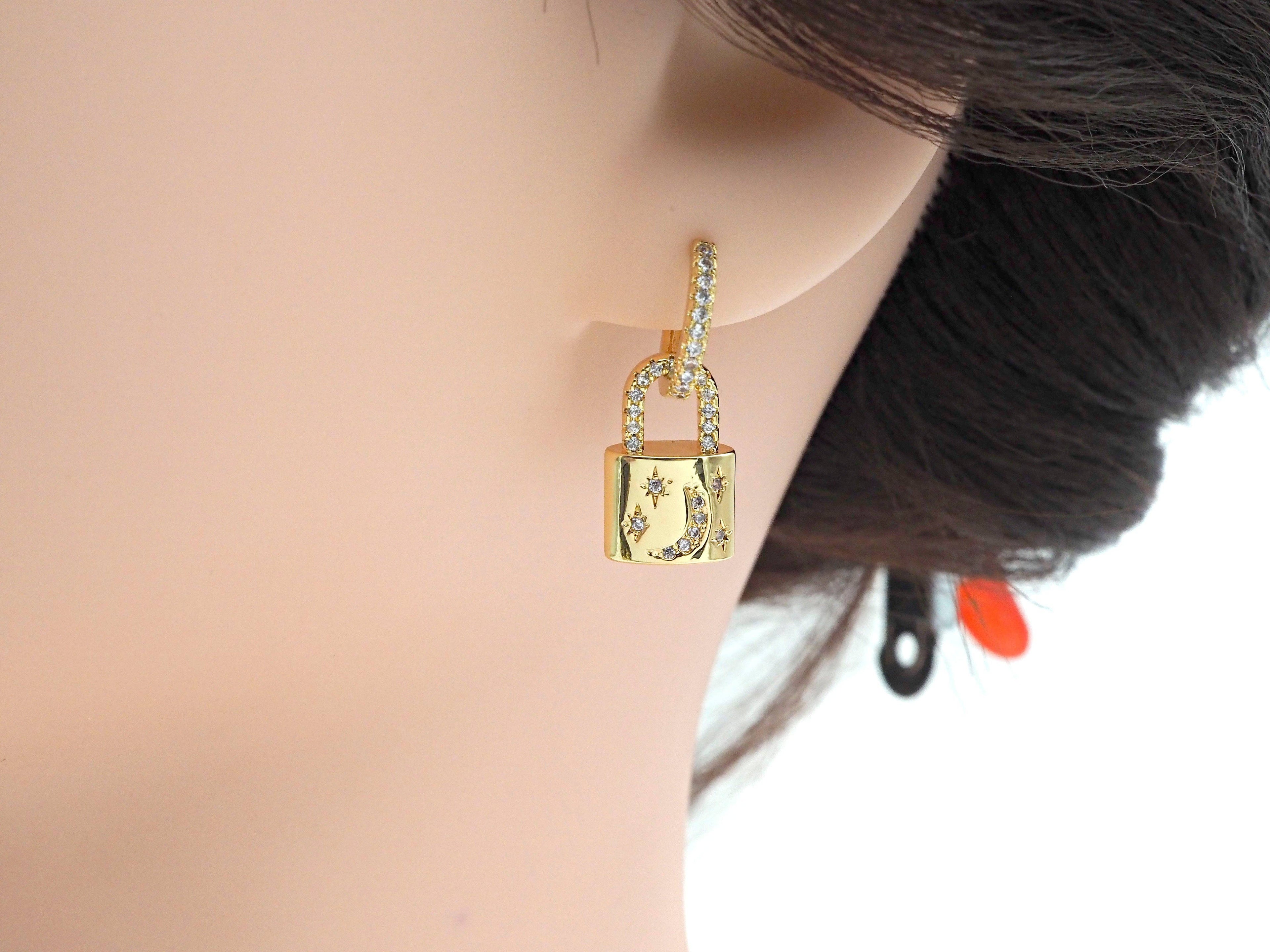 CZ Gold Silver Star Moon Lock Hoop Earrings, Sku#O09