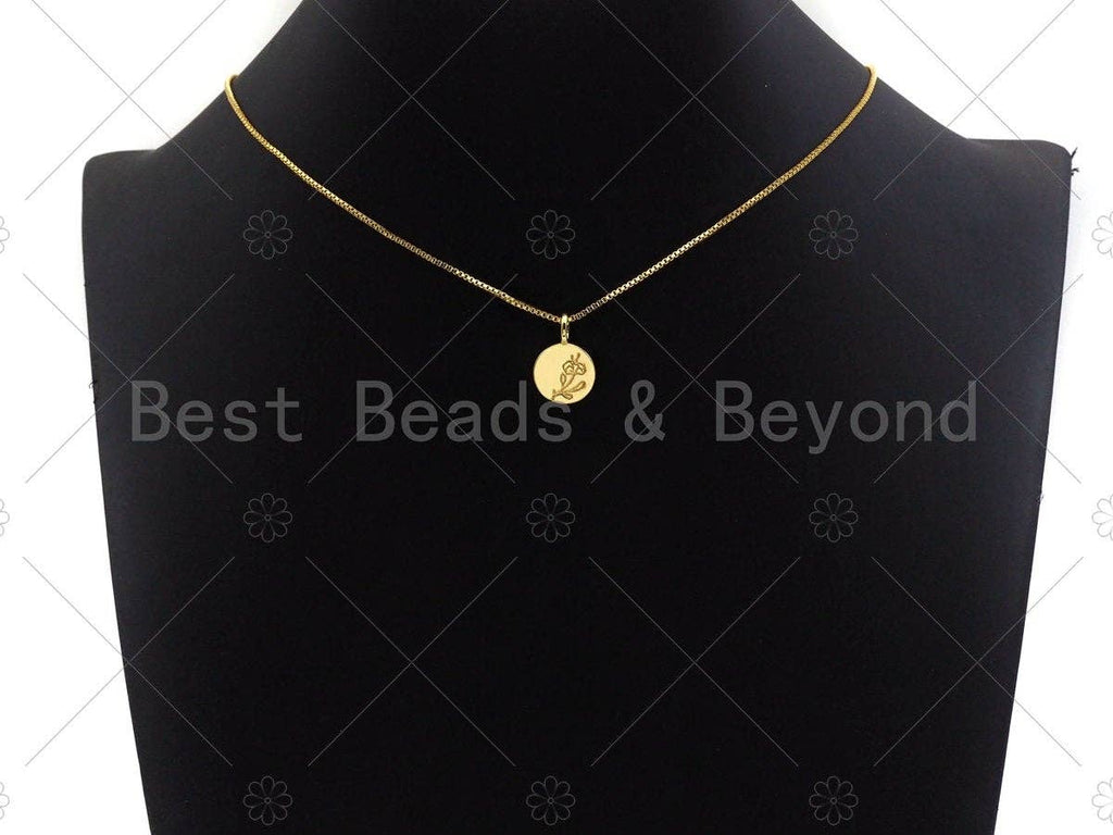 18k Shiny Gold Rose Flower On Round Coin Charms, Dainty Gold Charms, Flower Pendant, Gold Pendant, Round Necklace Charms, 12x18mm, Sku#Z1175