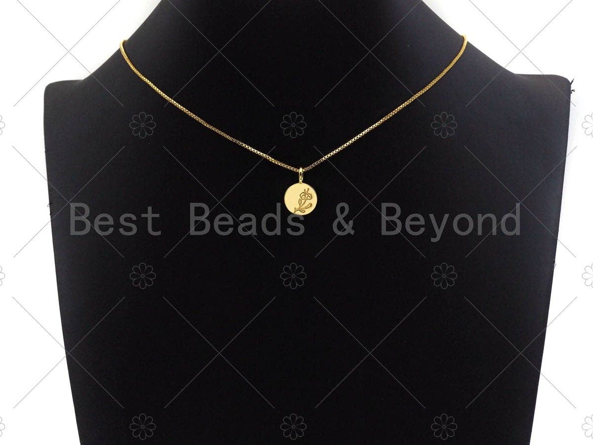 18k Shiny Gold Rose Flower On Round Coin Charms, Dainty Gold Charms, Flower Pendant, Gold Pendant, Round Necklace Charms, 12x18mm, Sku#Z1175
