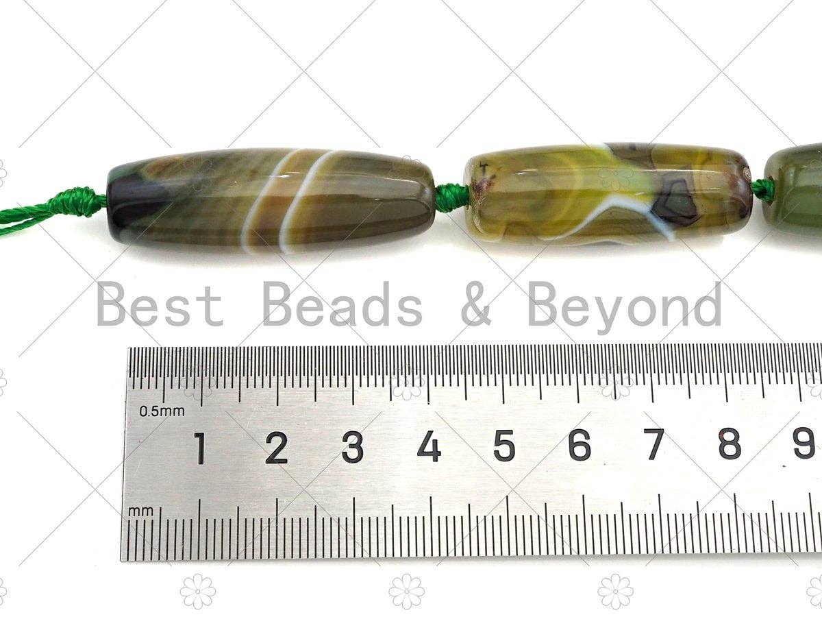 Natural Brown Green Agate Barrel Spacer Beads, Brown Green Agate Spacer Beads, Tibetan Dzi Beads, 14x40mm, Sku#U1040