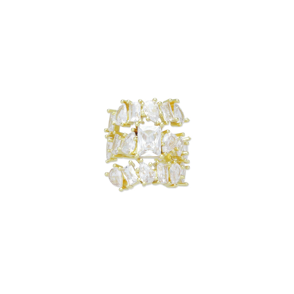 Gold Clear Drop Rectangle CZ Triple line statement Adjustable Ring, Sku#LK1004