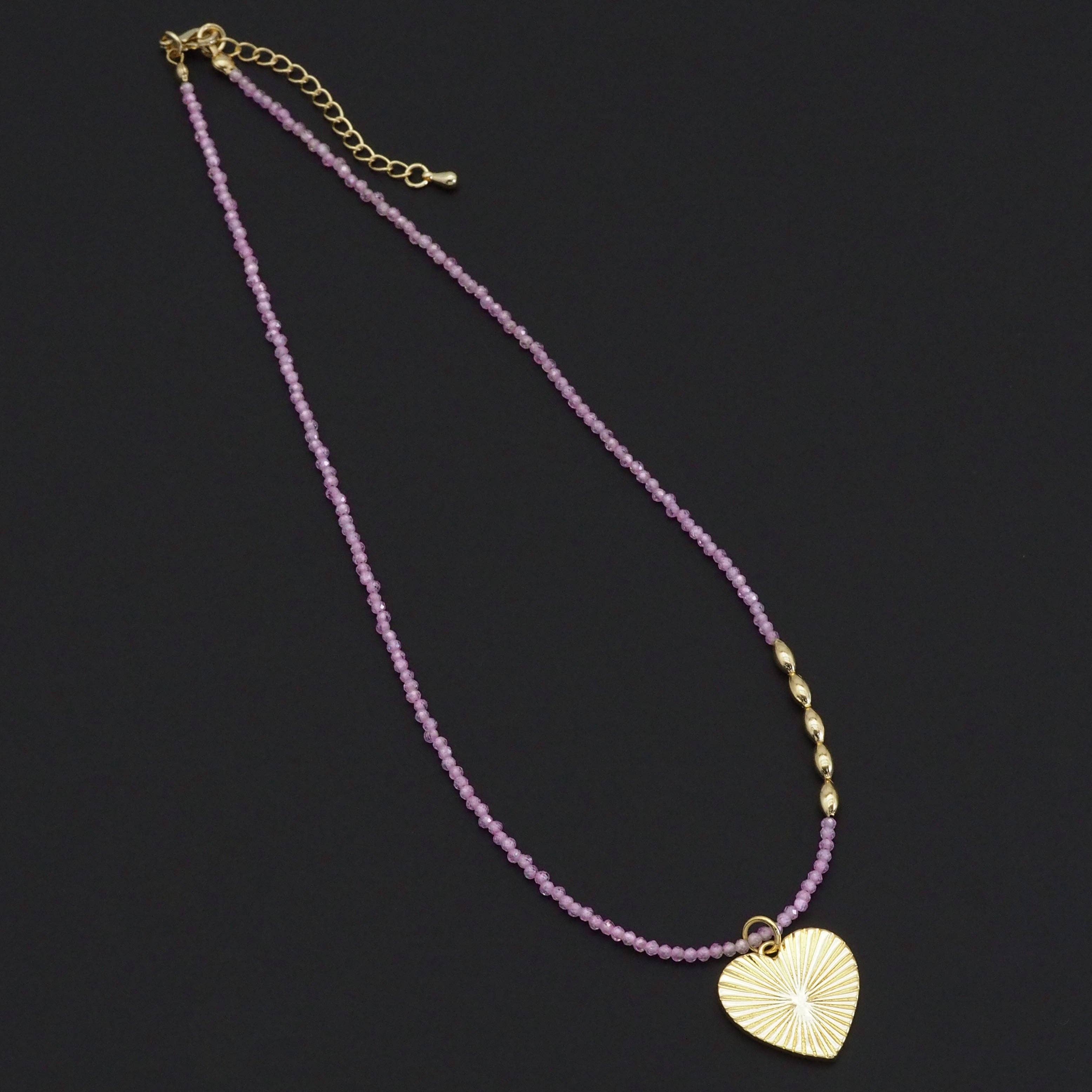 Dainty Pink CZ Stone Gold Spacer Heart Pendant Necklace, Sku#EF503
