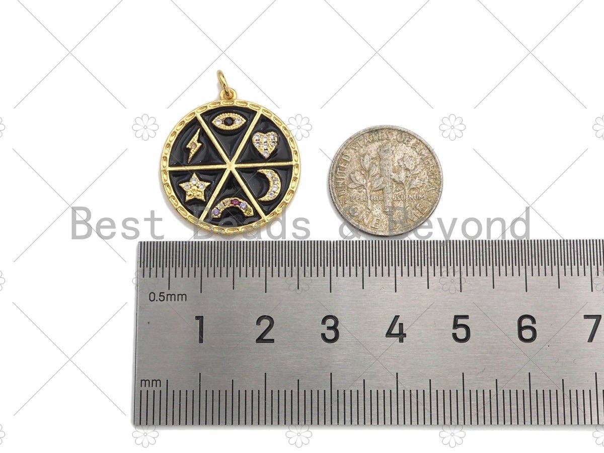 CZ Pave CZ Black Enamel Moon Star Heart Eye Rainbow Charms Pendant, Enamel Pendant,Round Enamel jewelry Findings, 22mm,sku#Z1212